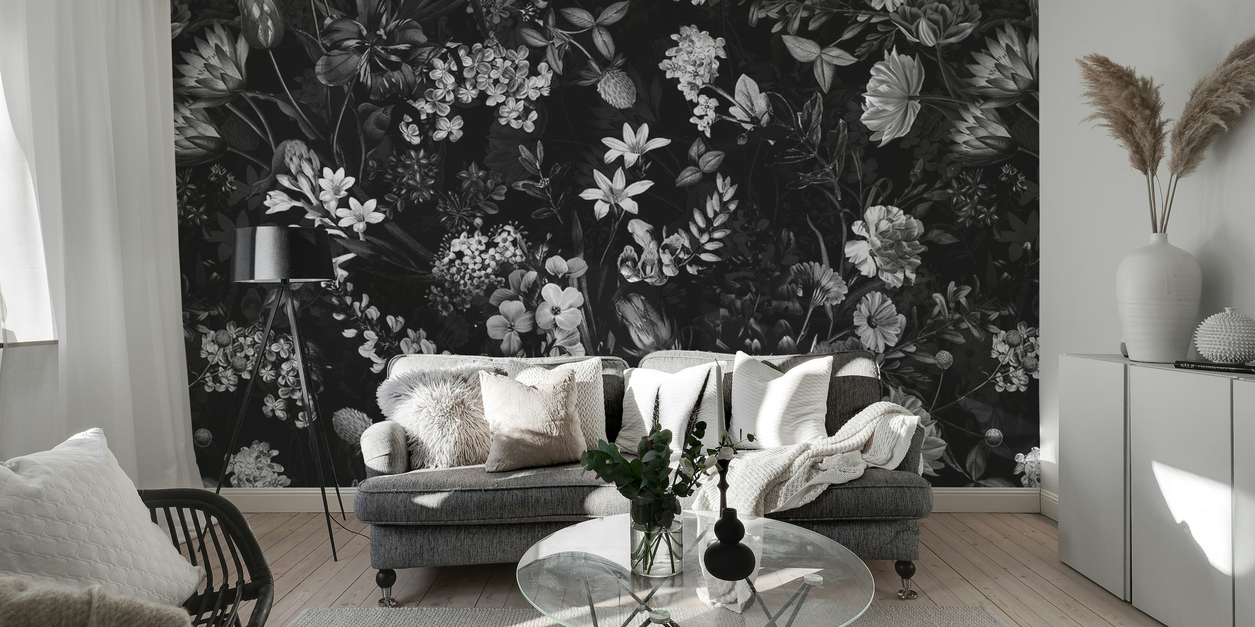 Monochrome floral wall mural with rich, dark tones and intricate nature patterns