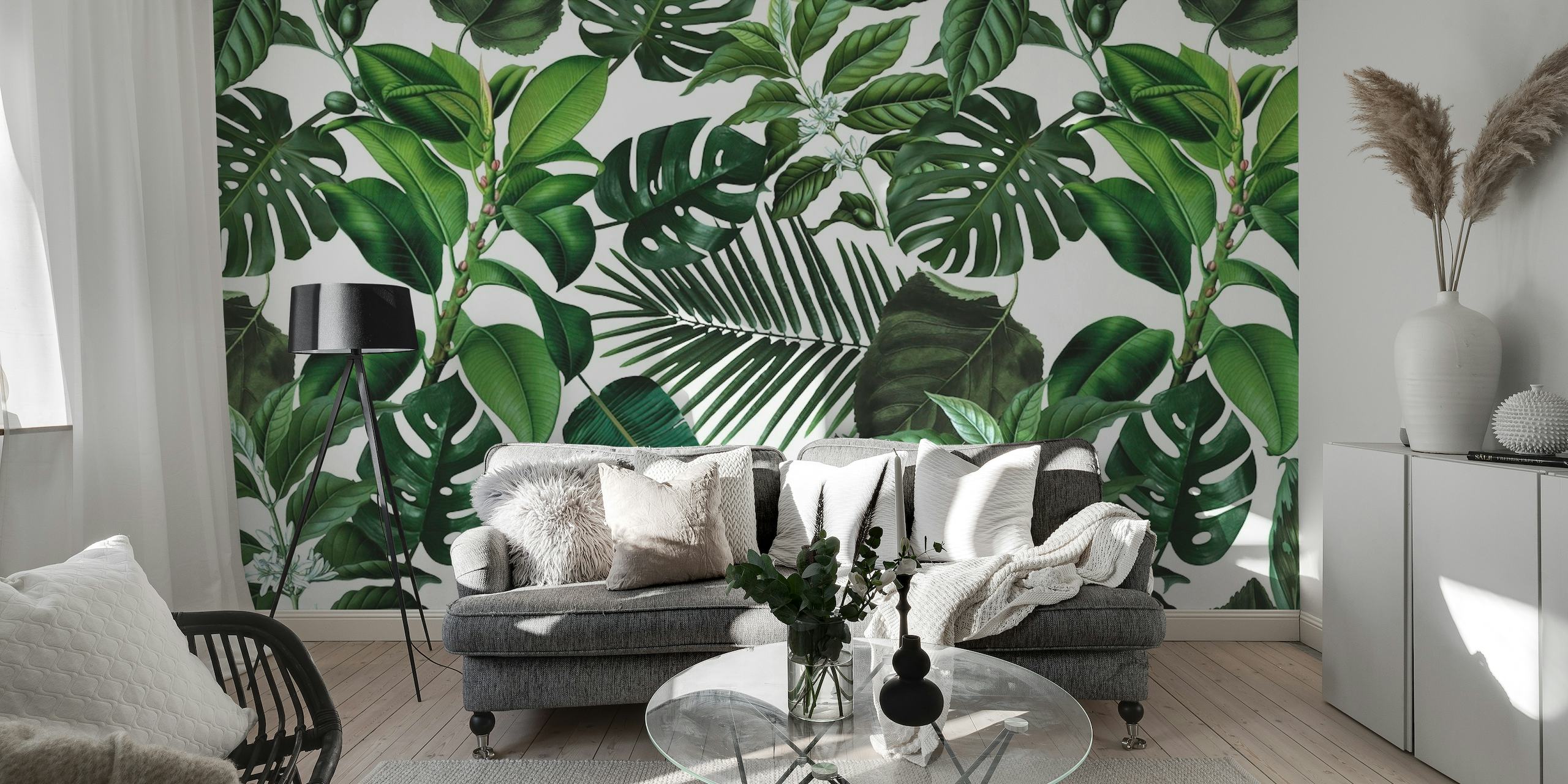Tropical leaves wall mural with monstera and fern patterns