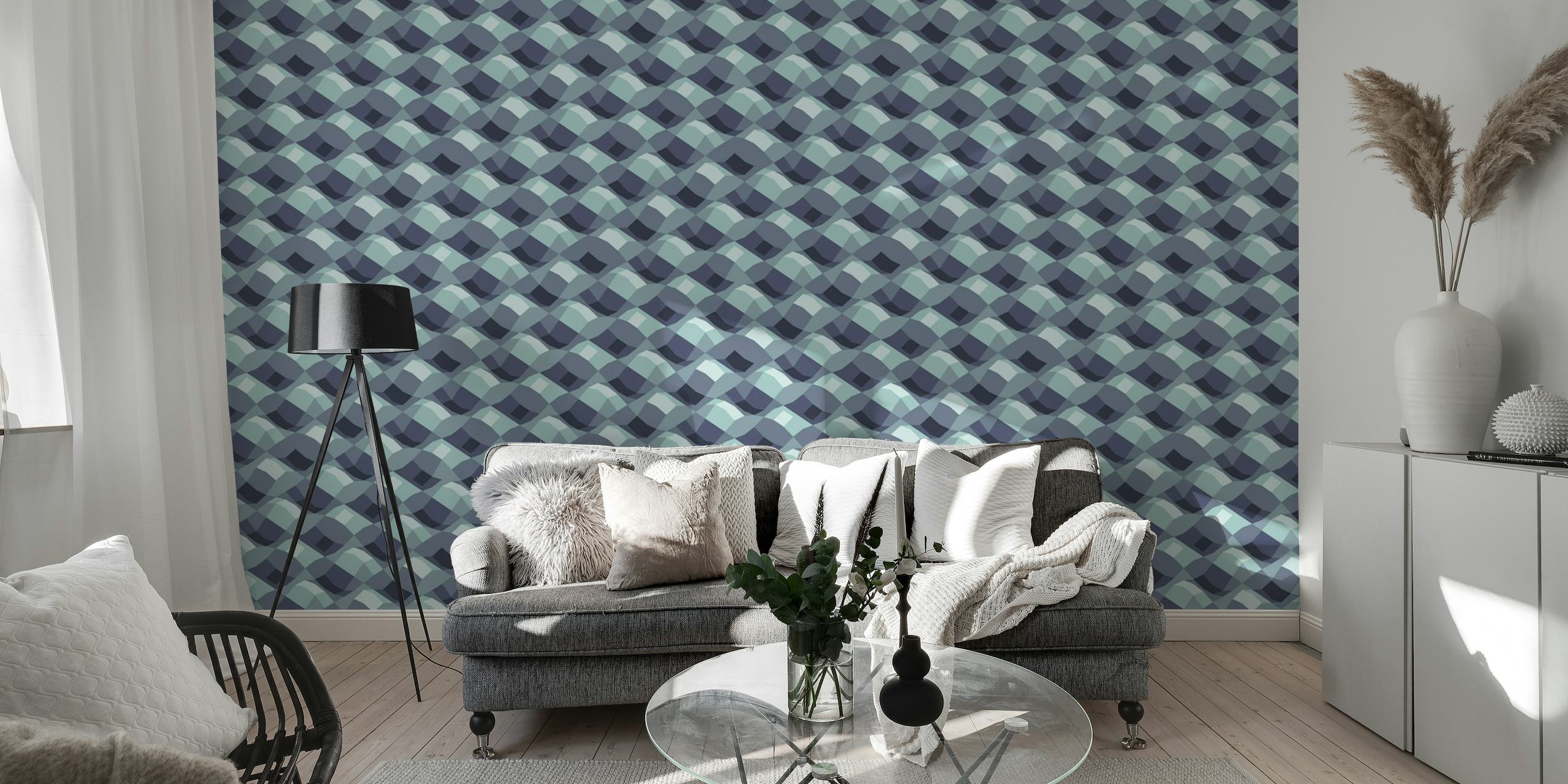 fotomural vinílico de parede abstrato com padrão circular ondulado em tons de cinza