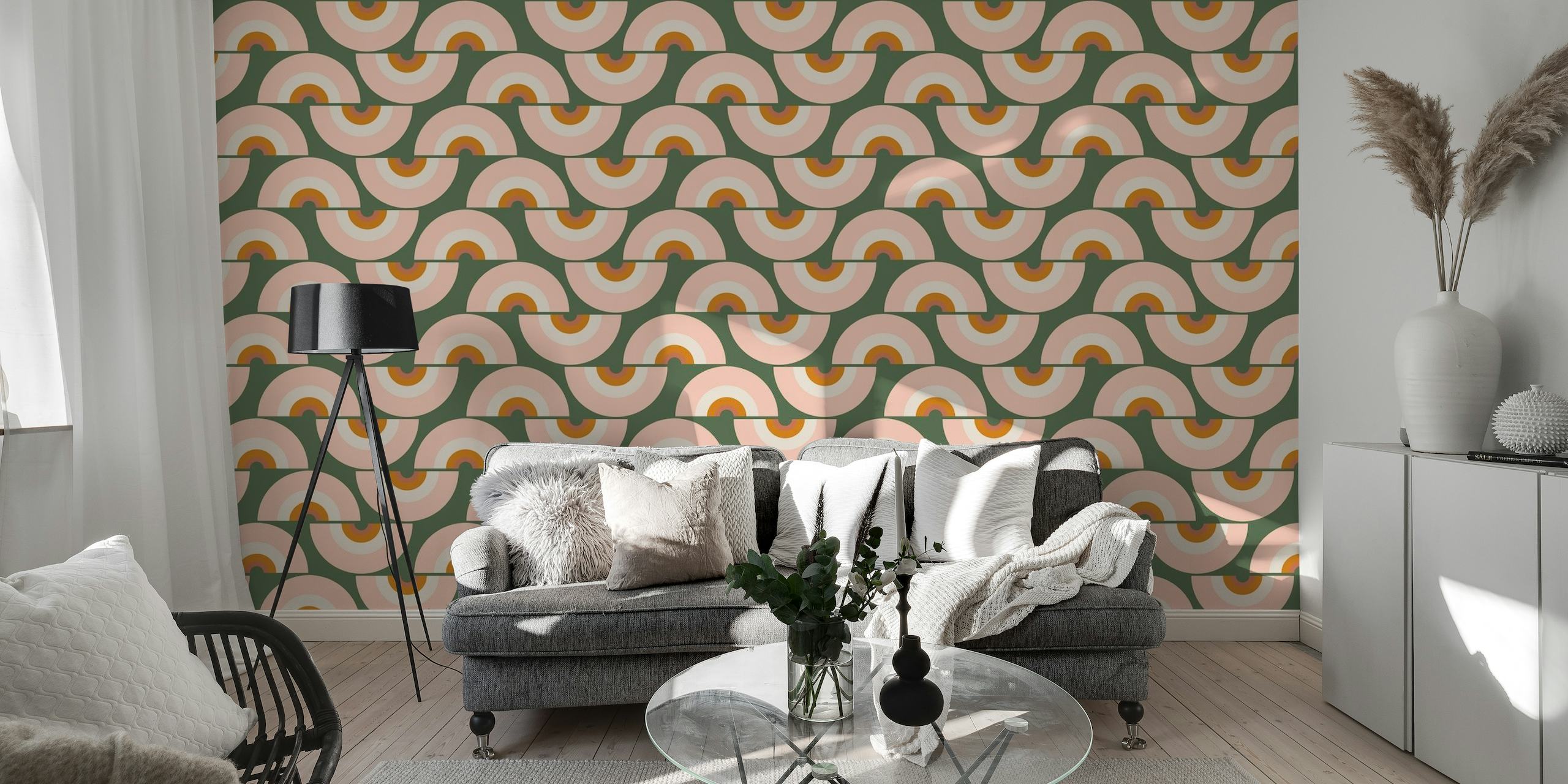 Earth tone rainbow pattern wall mural with arching shapes in earthy colors