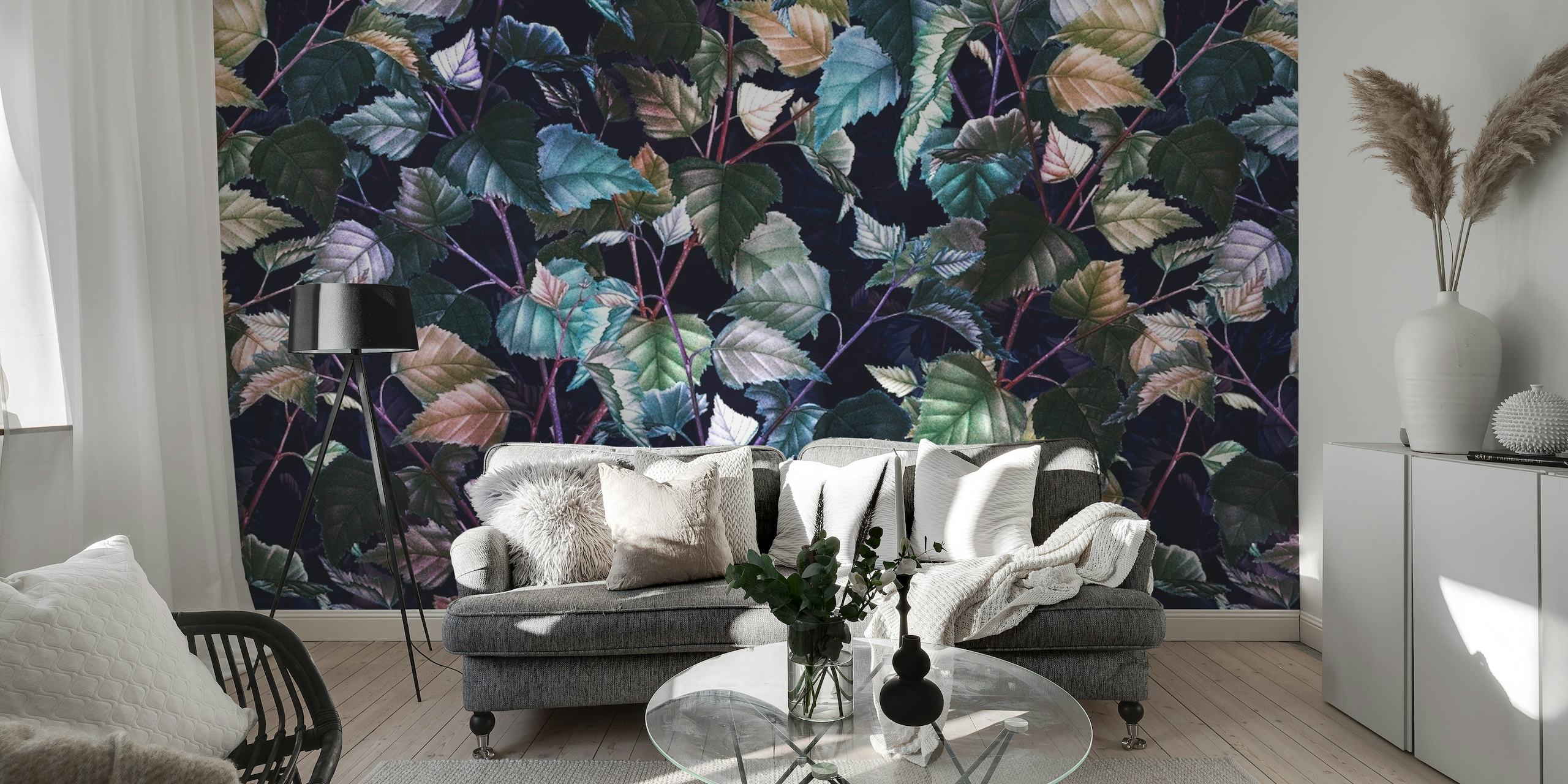 Leaves with shades of green, teal, and purple in 'Magical Forest III' wall mural