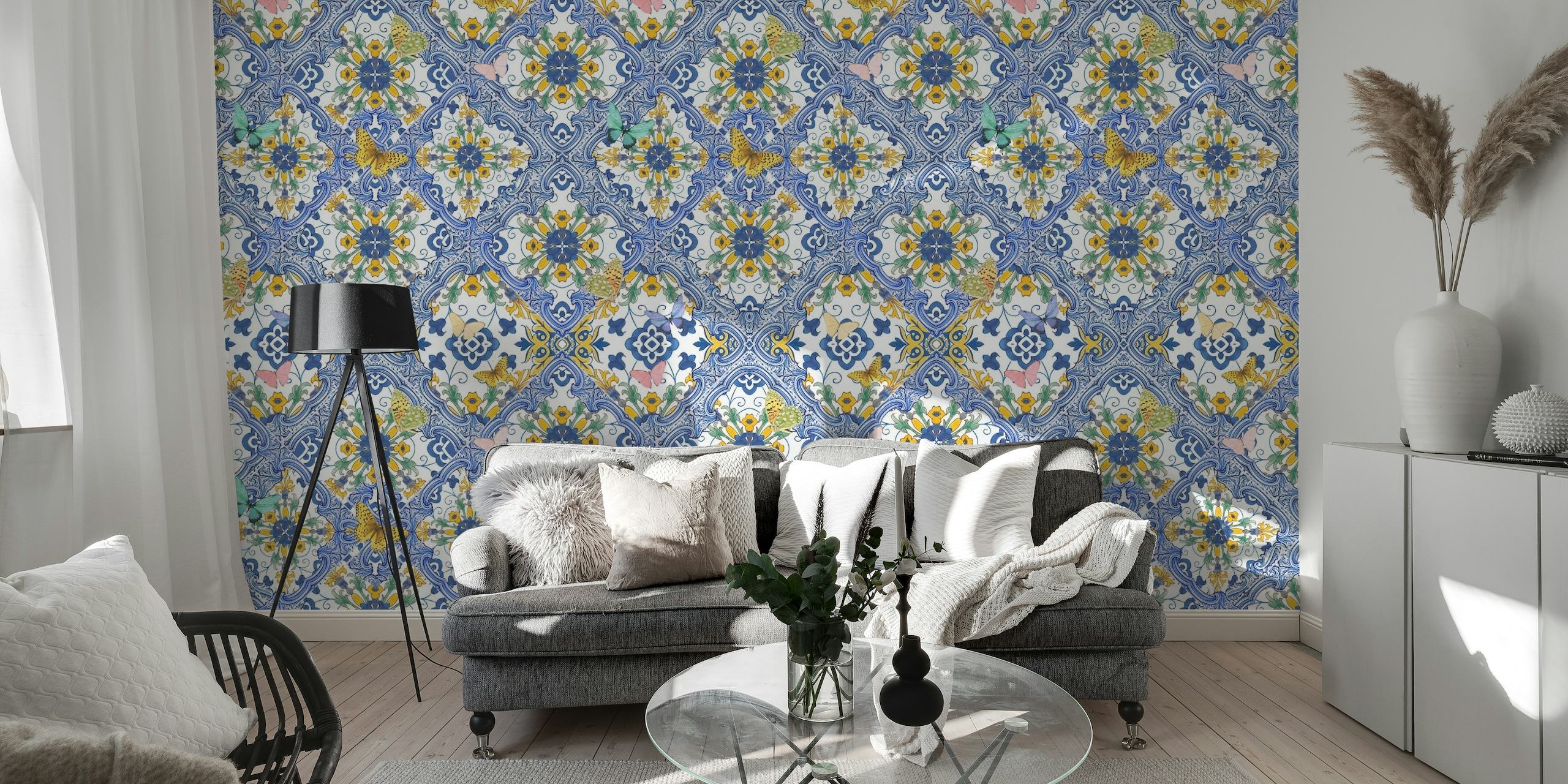 Yellow Flowers, blue tiles and butterflies wallpaper