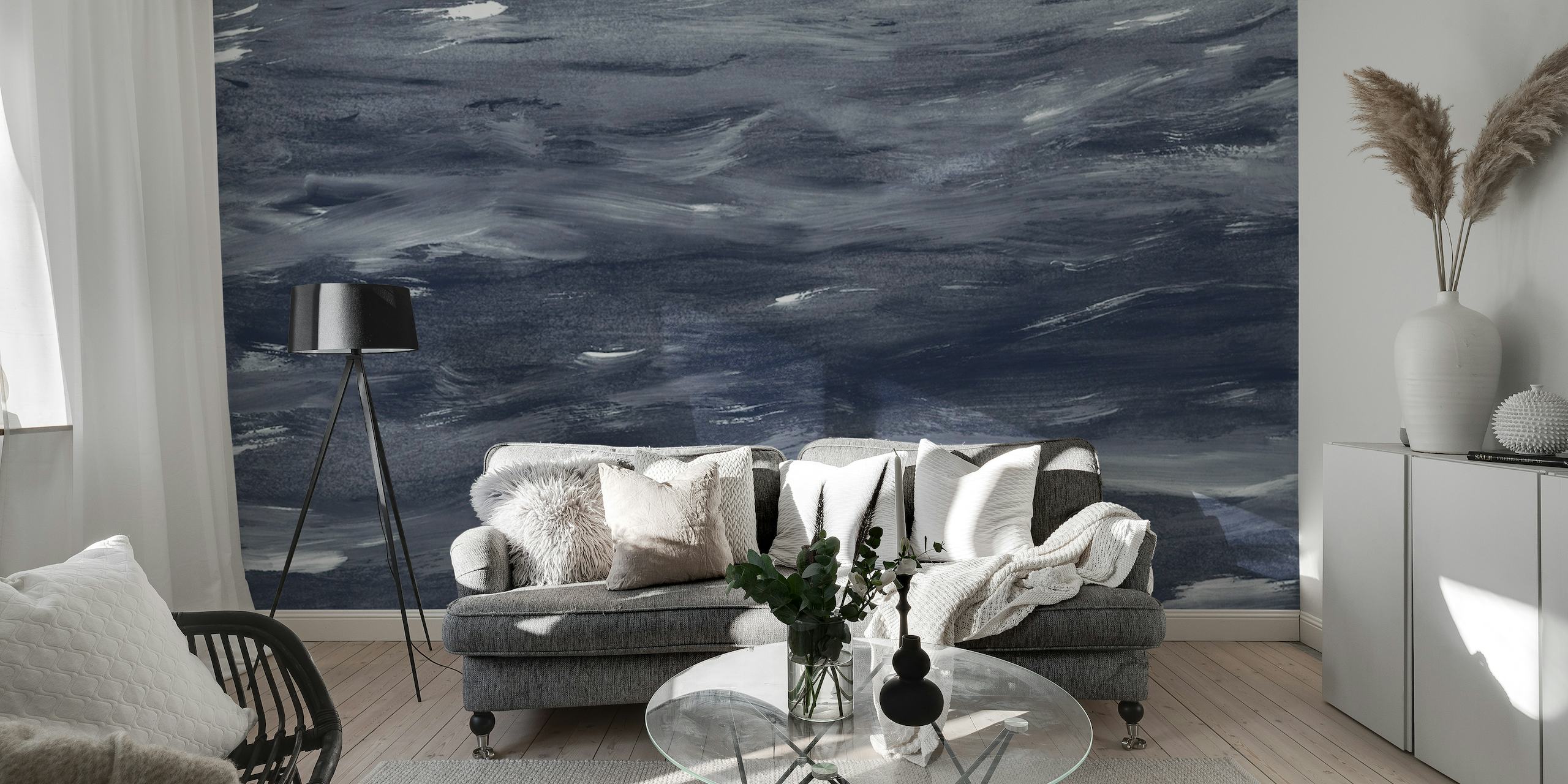 fotomural vinílico de parede abstrato em aquarela azul marinho com padrões fluidos