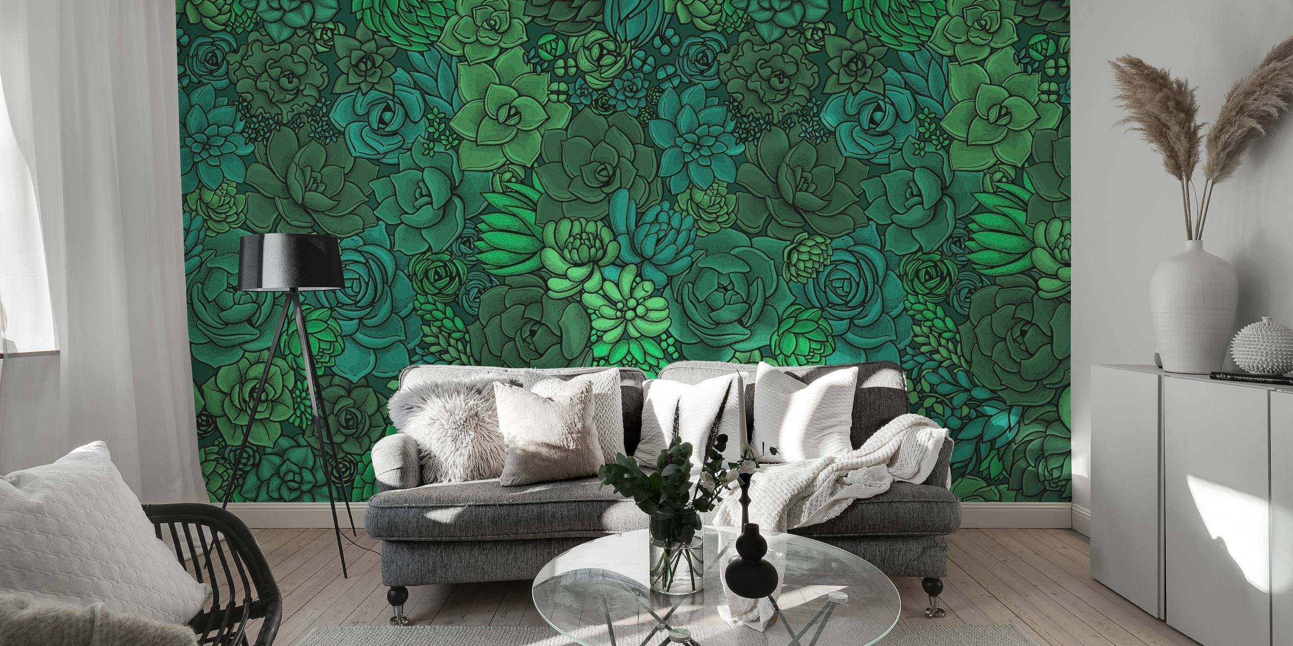 Succulent garden in green wallpaper