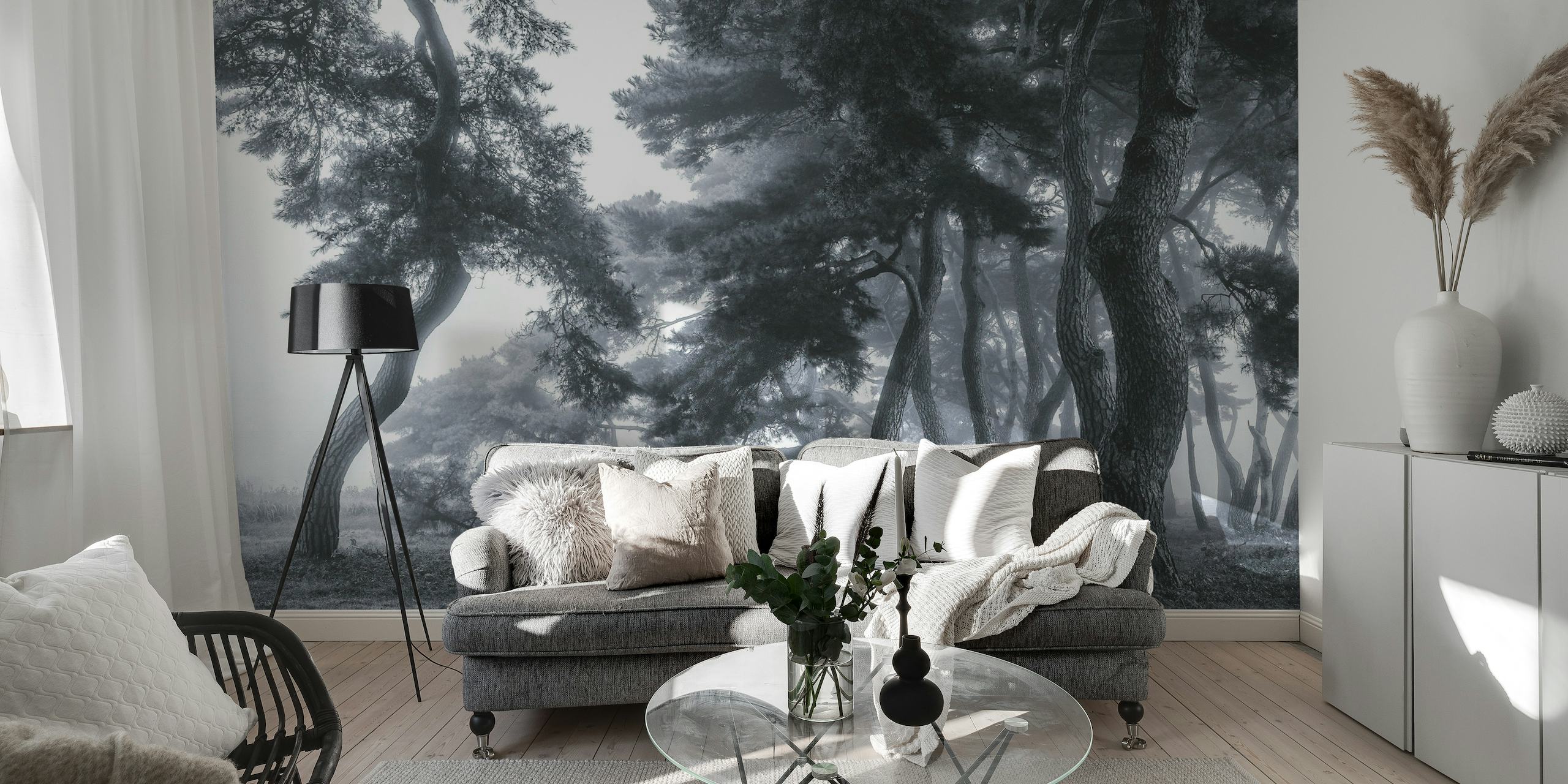 Black and white wall mural of foggy pine forest