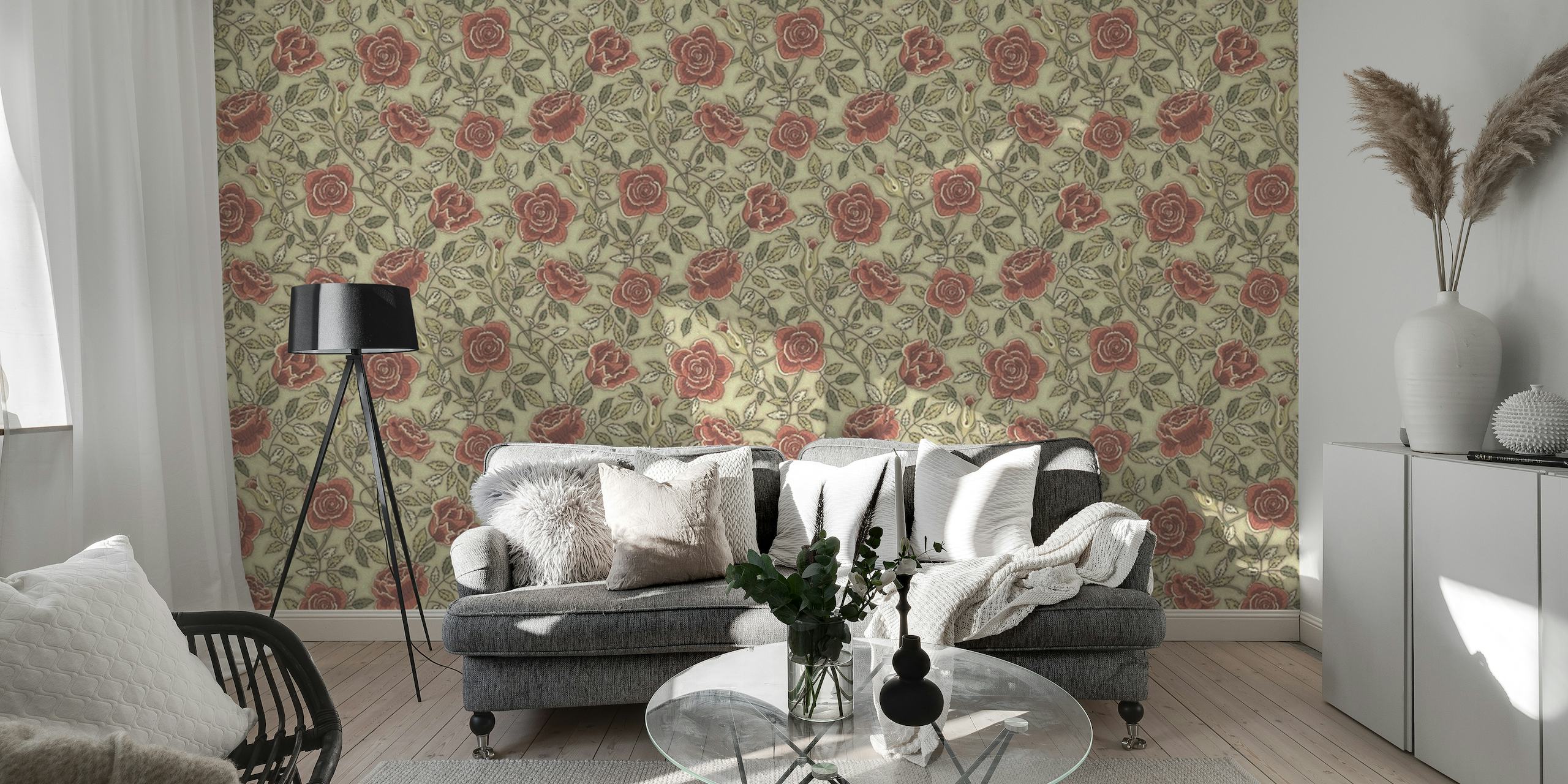 Vintage-style wall mural featuring an elegant pattern of blooming roses set against a muted background.