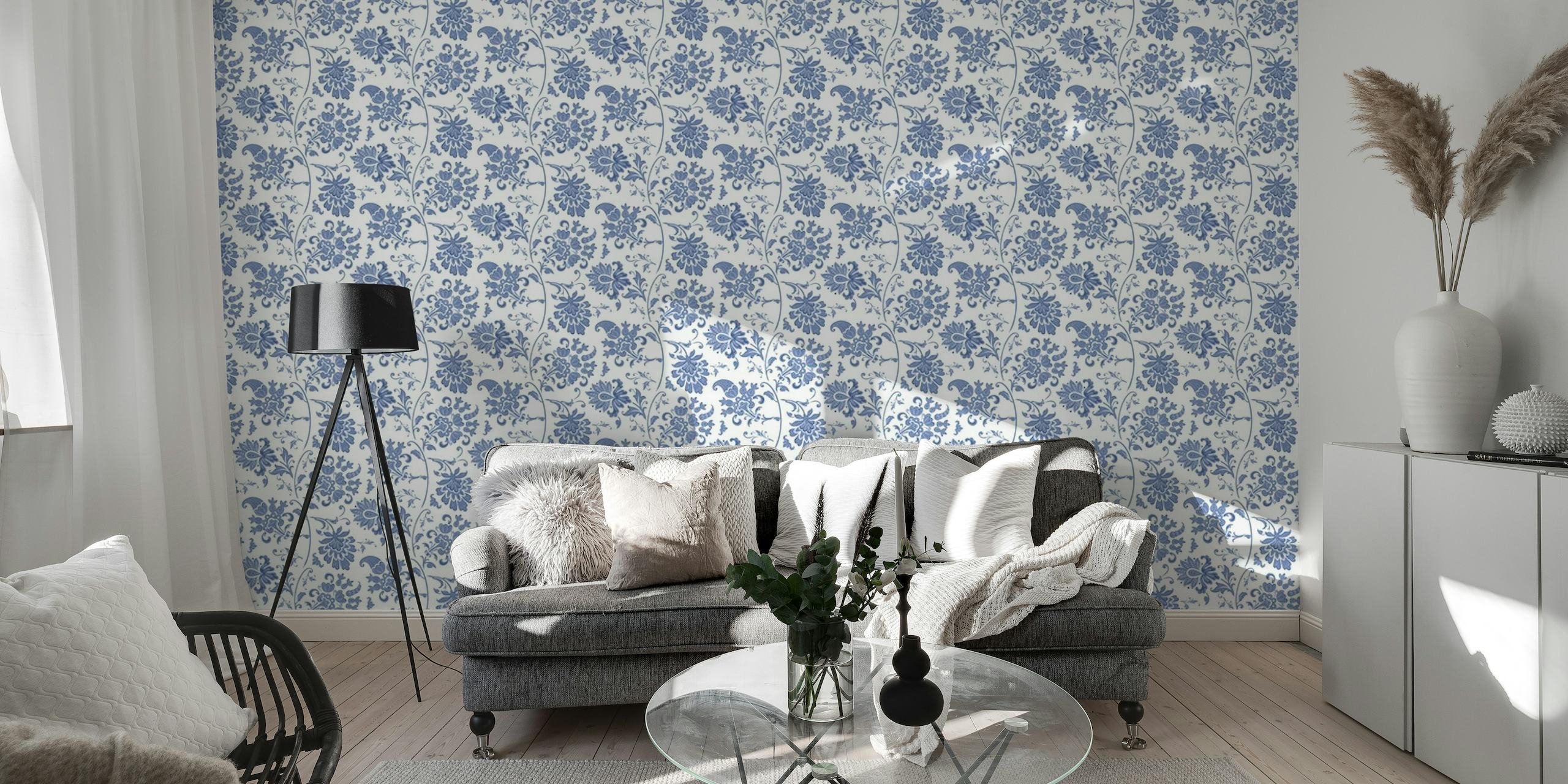Silene - Floral (Porcelain) wall mural with porcelain blue flowers on white