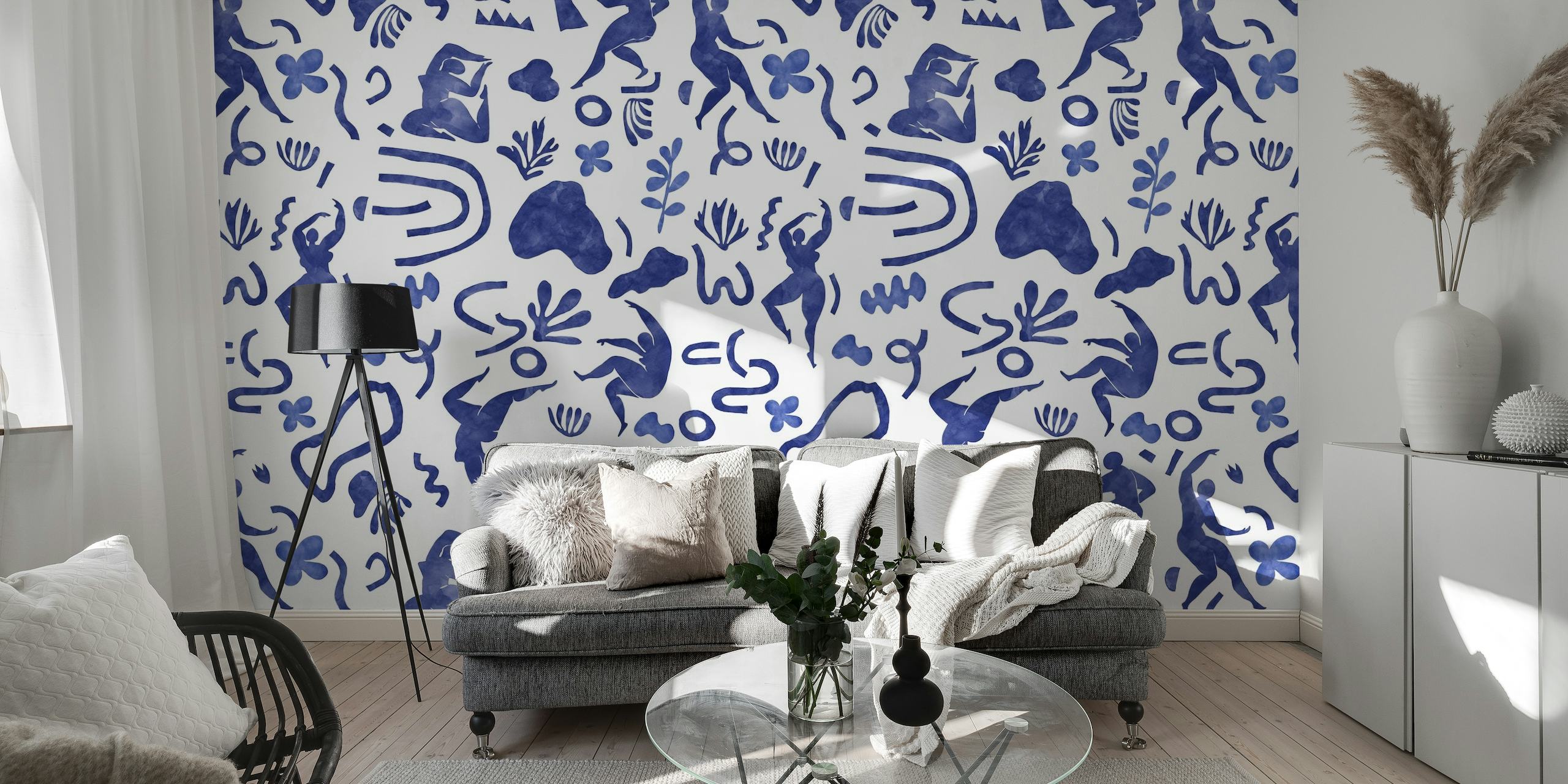 Abstract women and nature pattern wall mural in indigo blue