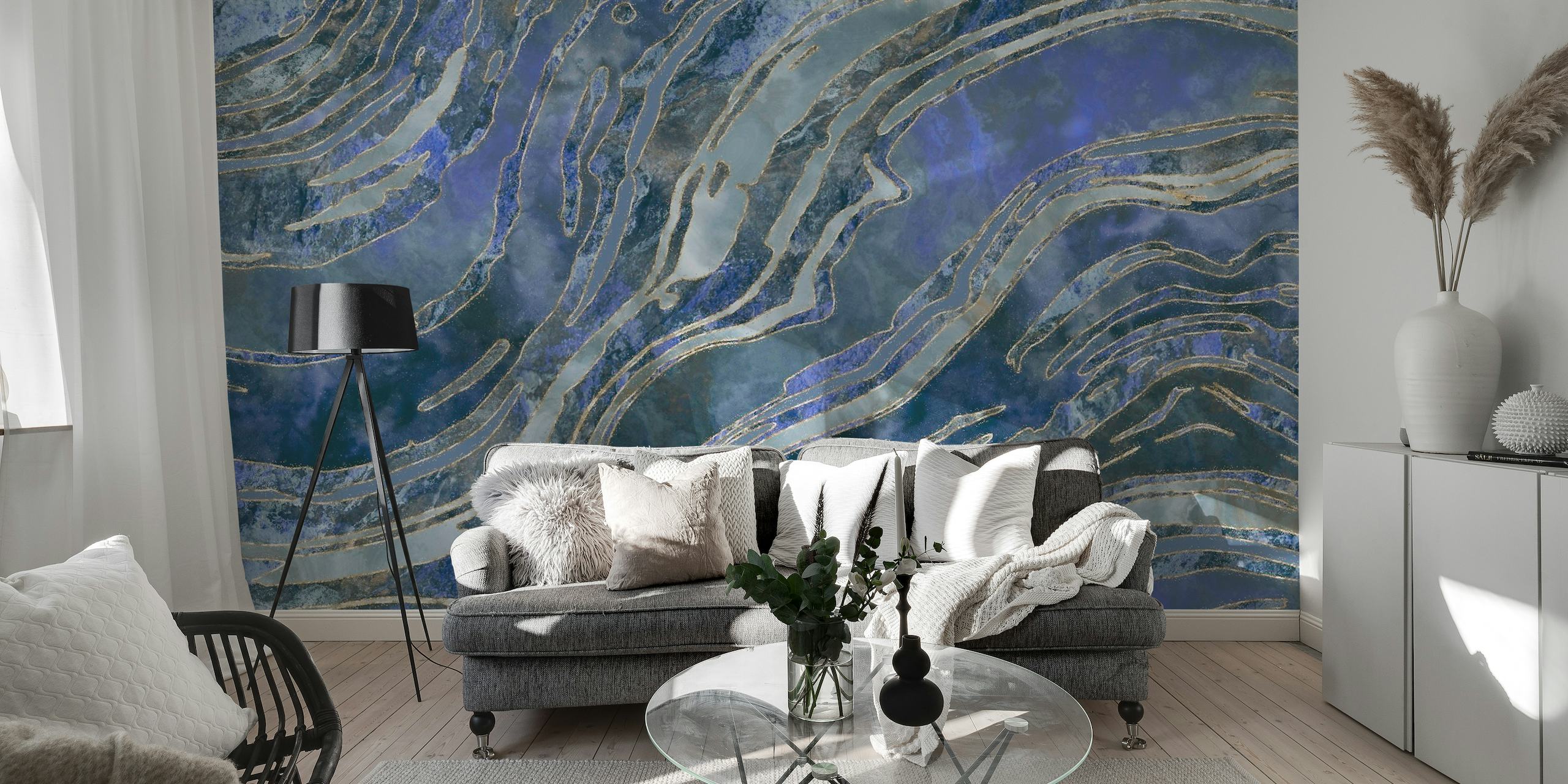 Ice Blue Marble seinämaalaus, jossa on sinisiä ja valkoisia pyörteitä