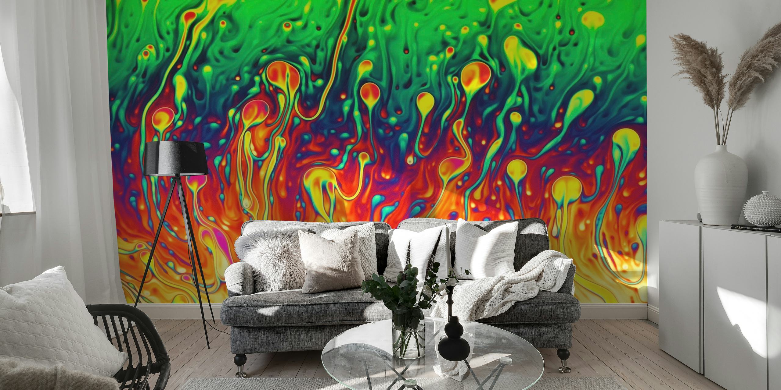 Abstract 'Soap Opera' wall mural with swirling greens, reds, and oranges