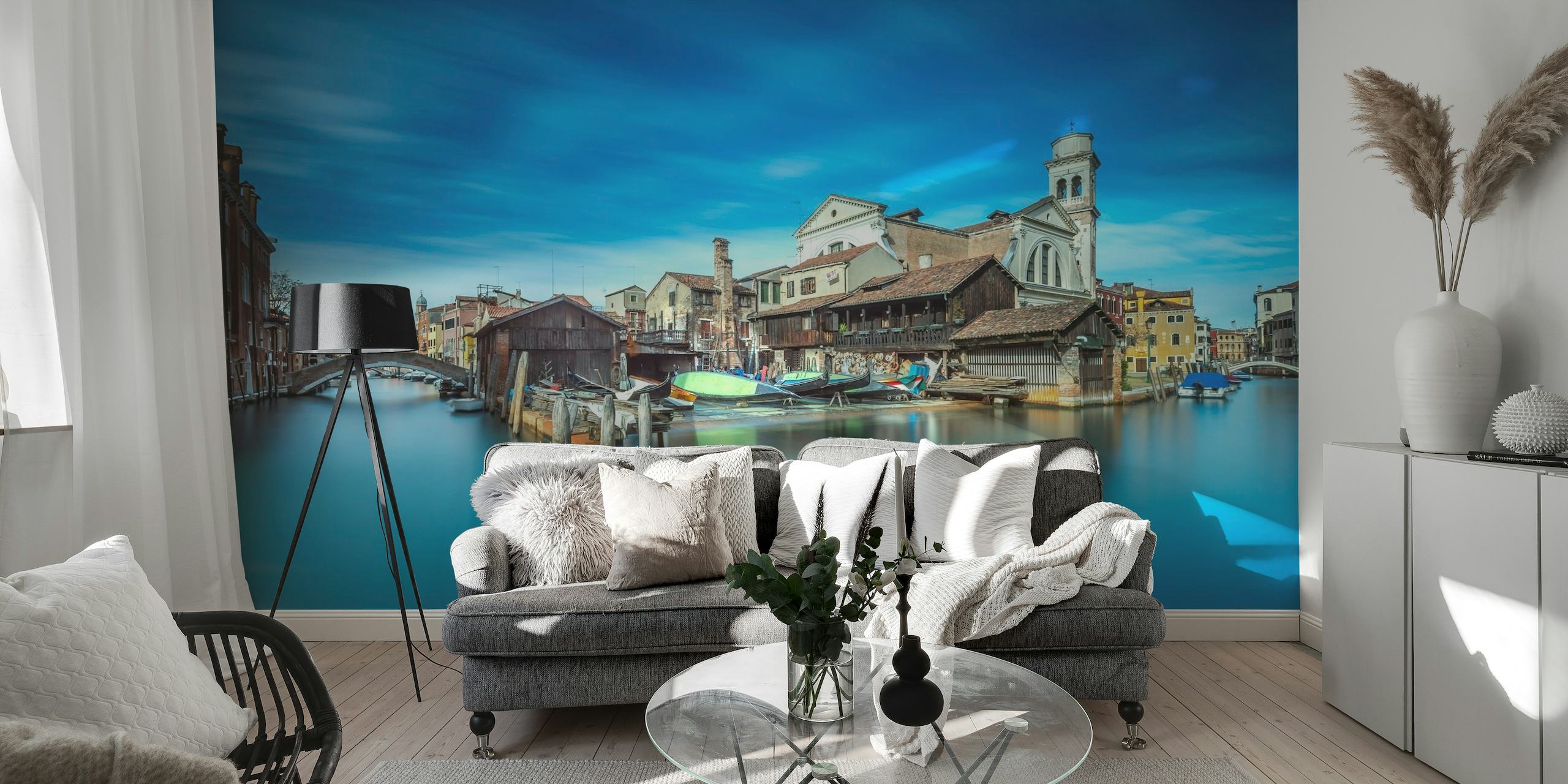 Venetian scene wall mural with gondolas and historic buildings