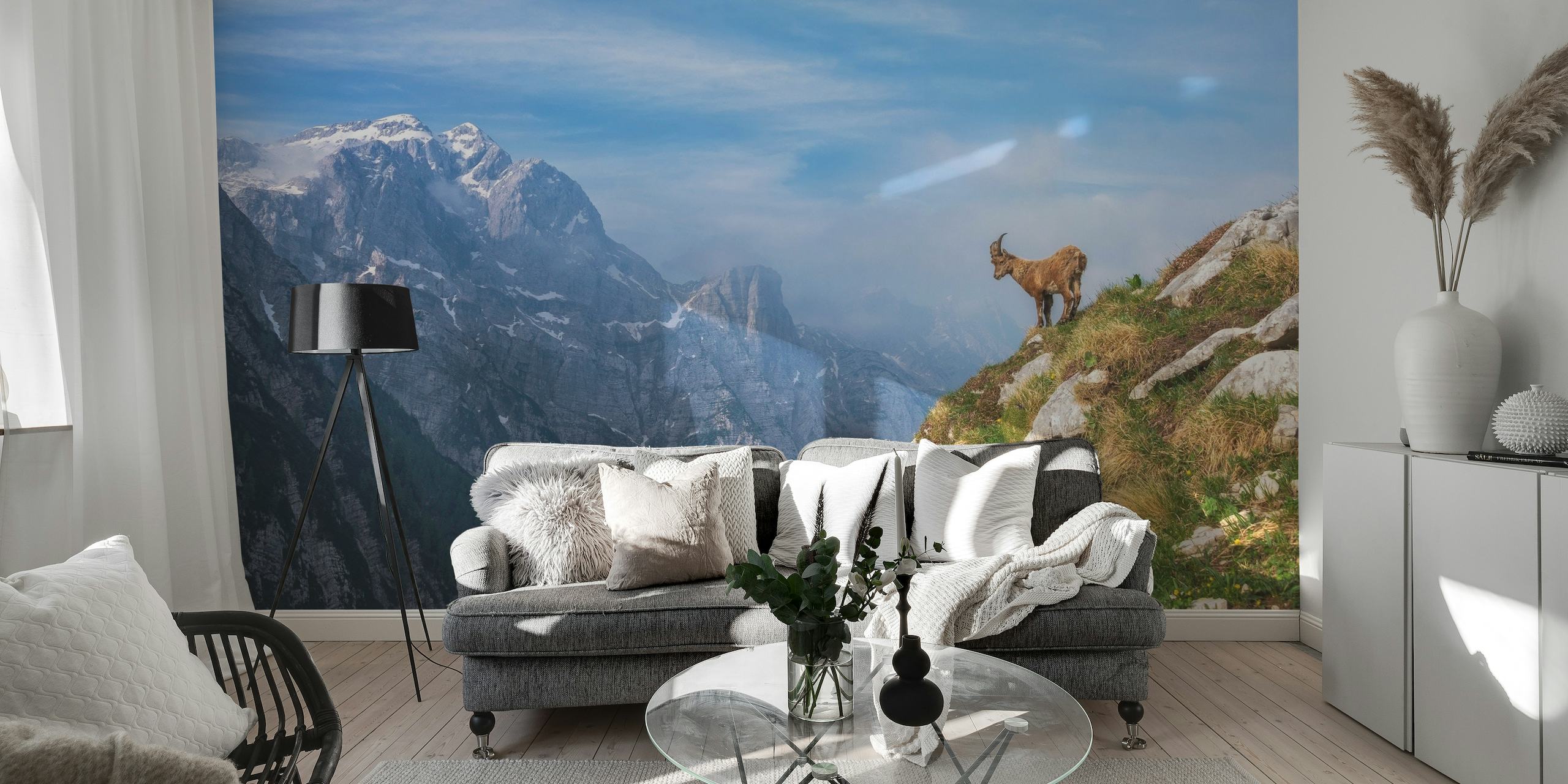 Alpine Ibex standing on a mountain ledge with scenic mountain views in the background
