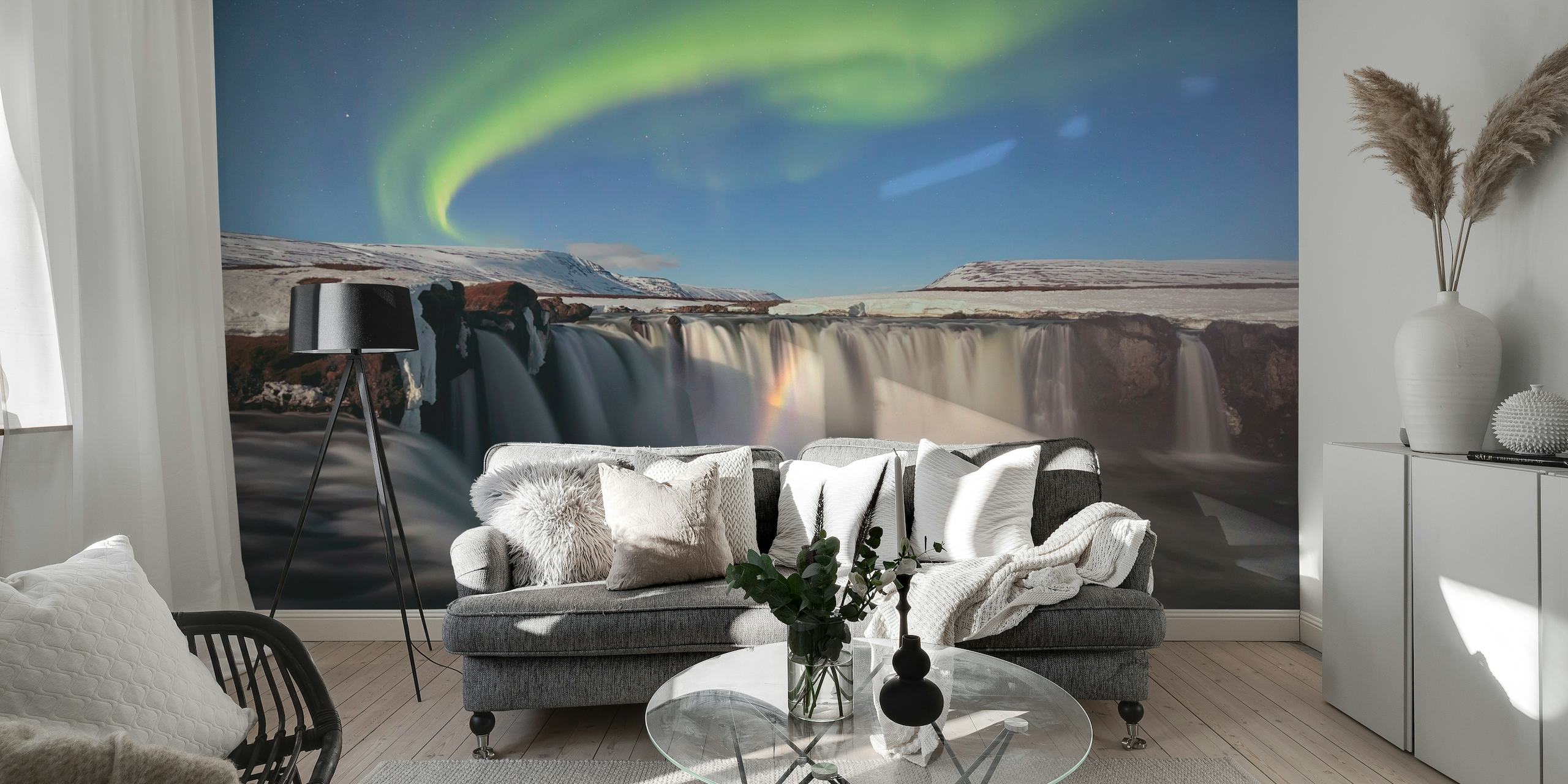 Northern Lights over a waterfall mural