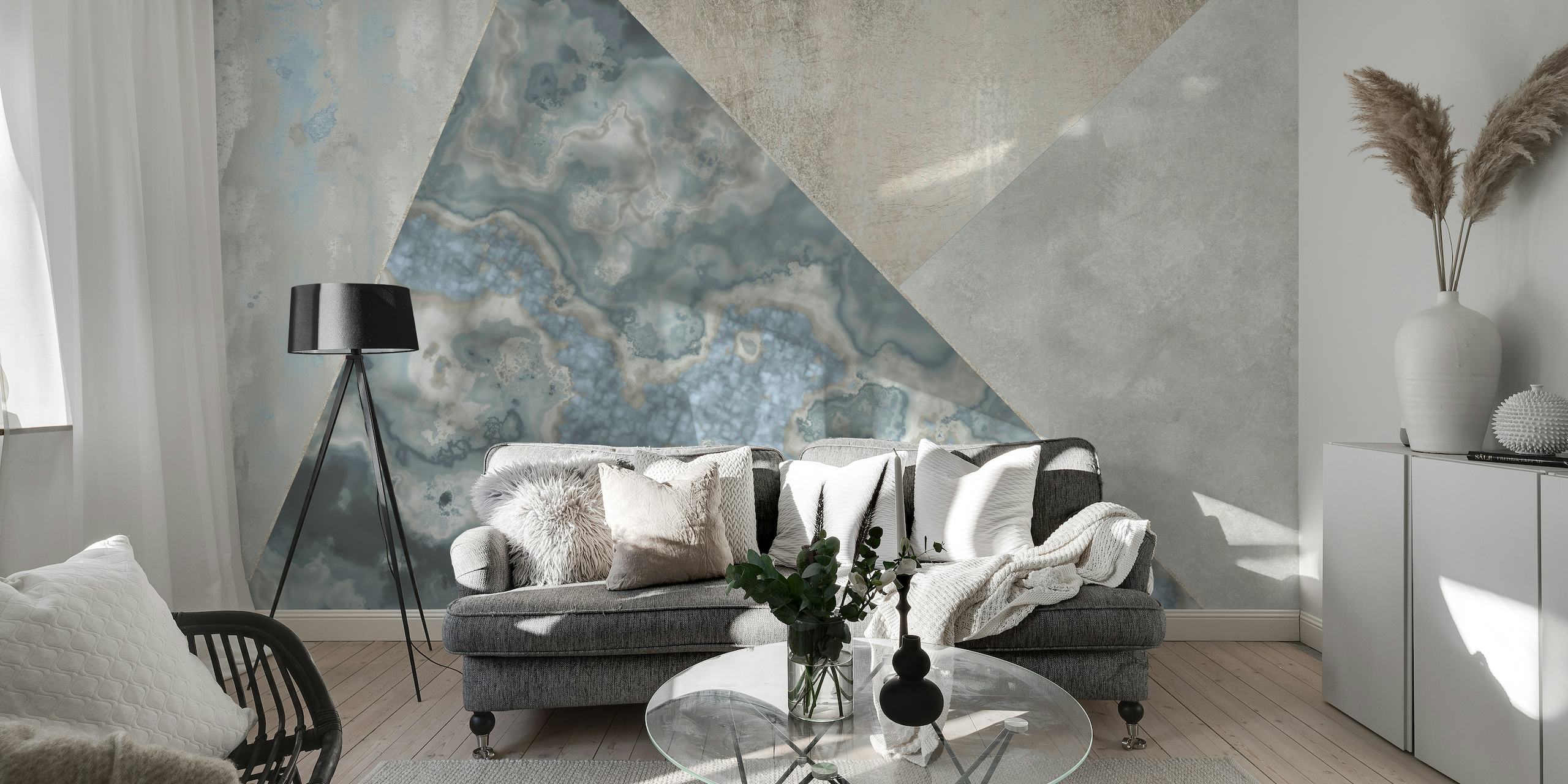 Grey Gemstone Geode Triangles wall mural with intricate patterns and geometric shapes.
