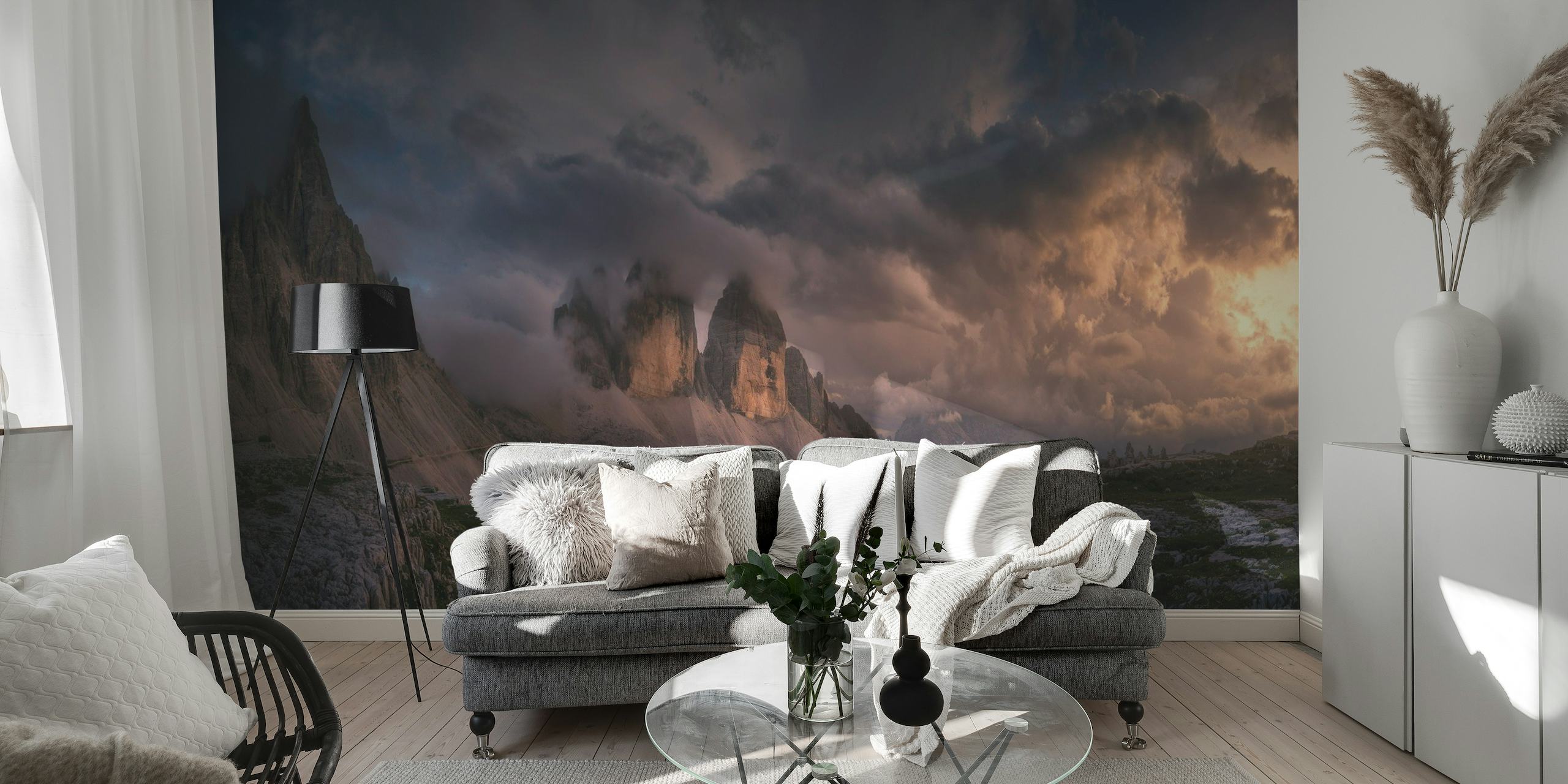 Dramatic mountain landscape under a tumultuous sky, wall mural titled 'Crazy Sky'