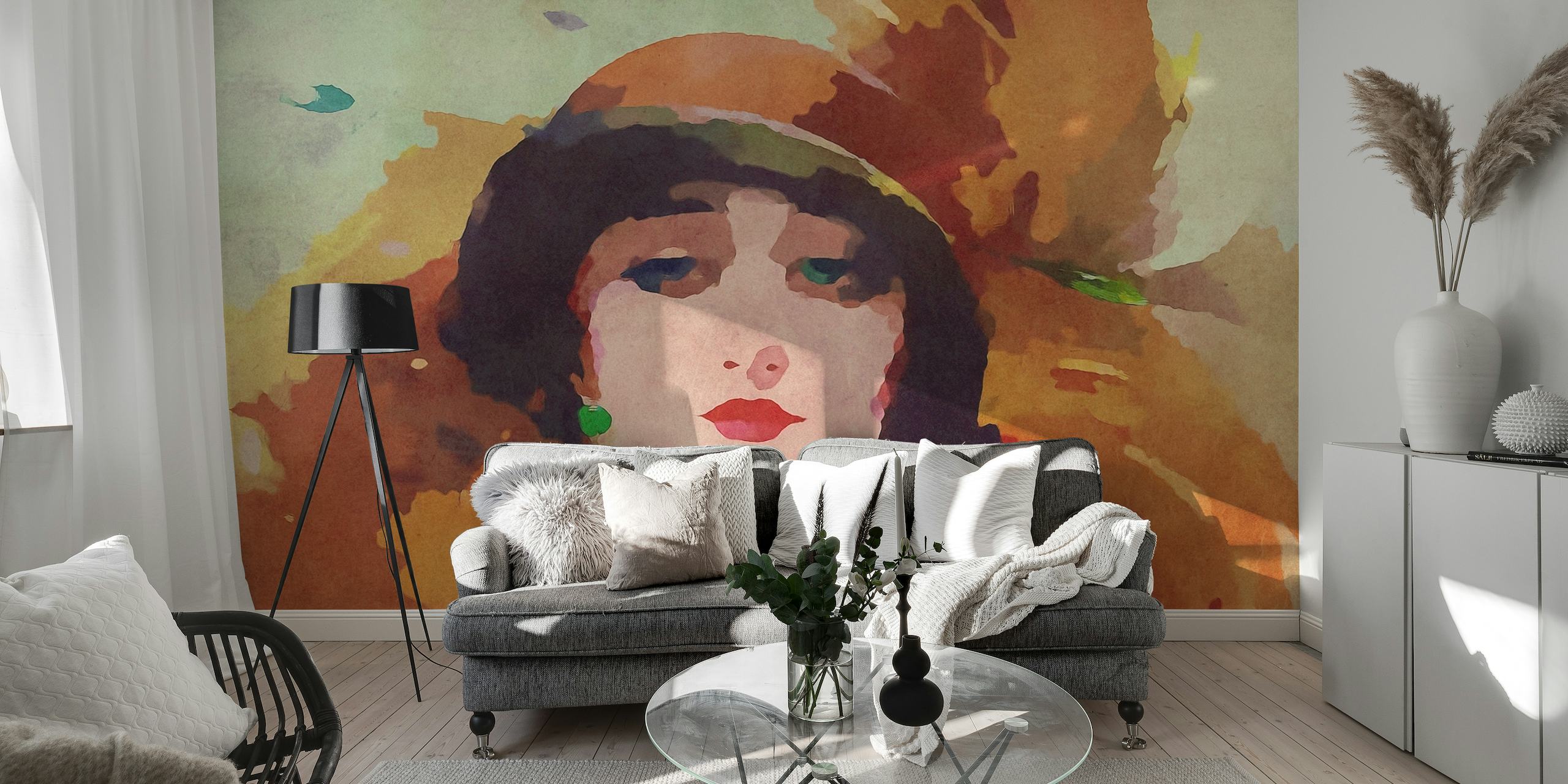 Vintage-style wall mural of a 1920s flapper girl with warm, autumnal colors