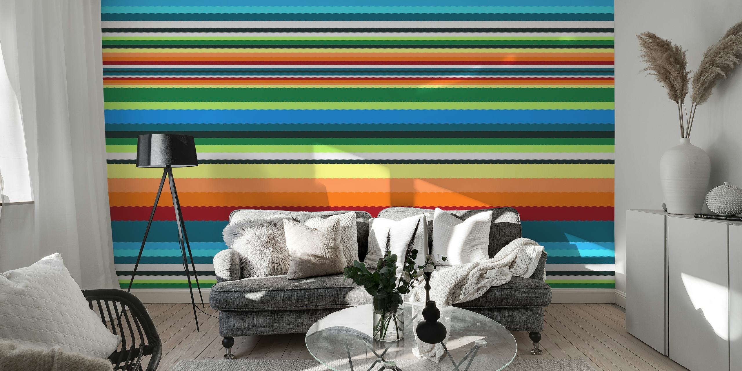 Farverigt stribet vægmaleri med titlen 'Bohemian Bright' med livlige linjer i forskellige farver.