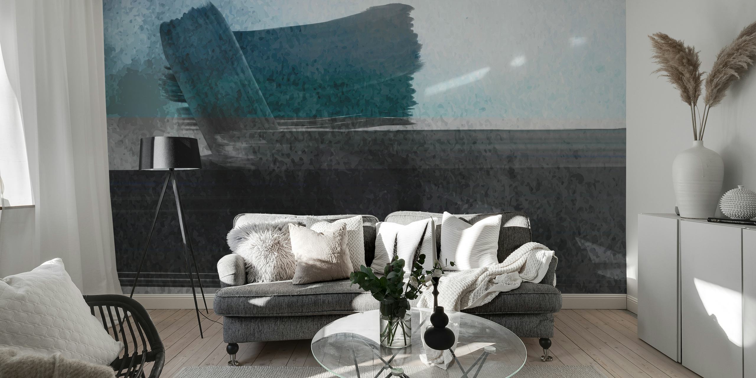 Teal and gray abstract watercolor wall mural with geometric patterns