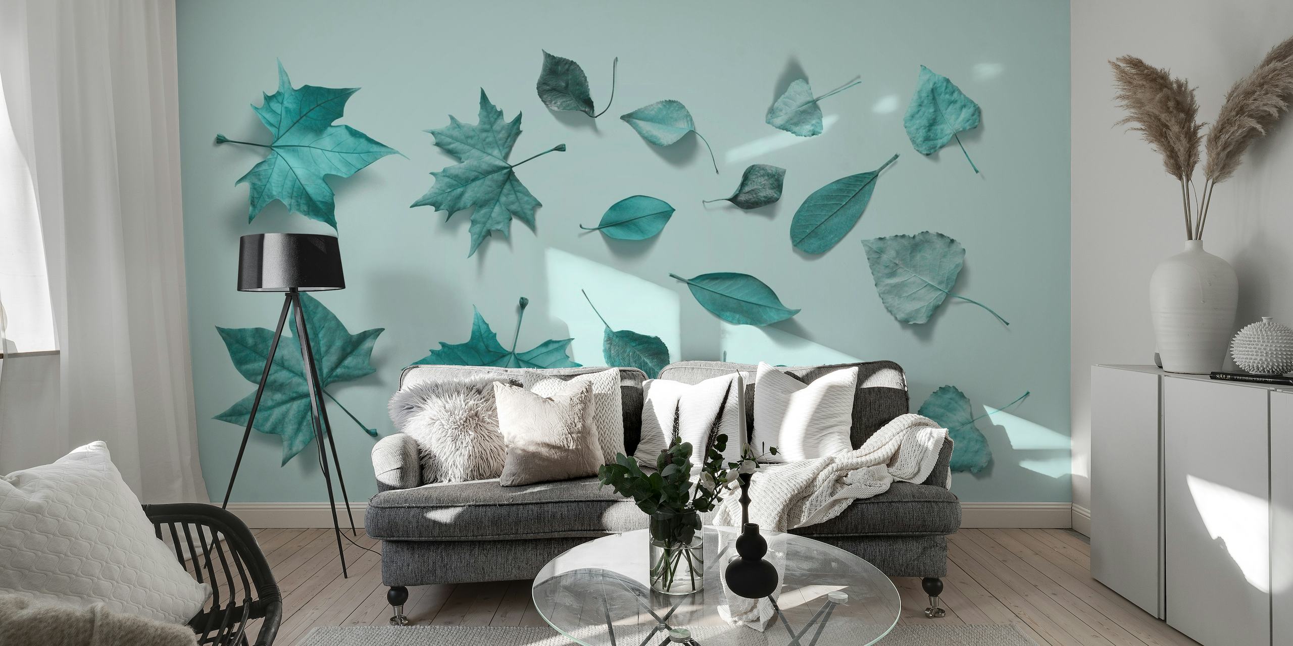 Light Turquoise Leaf Wall behang