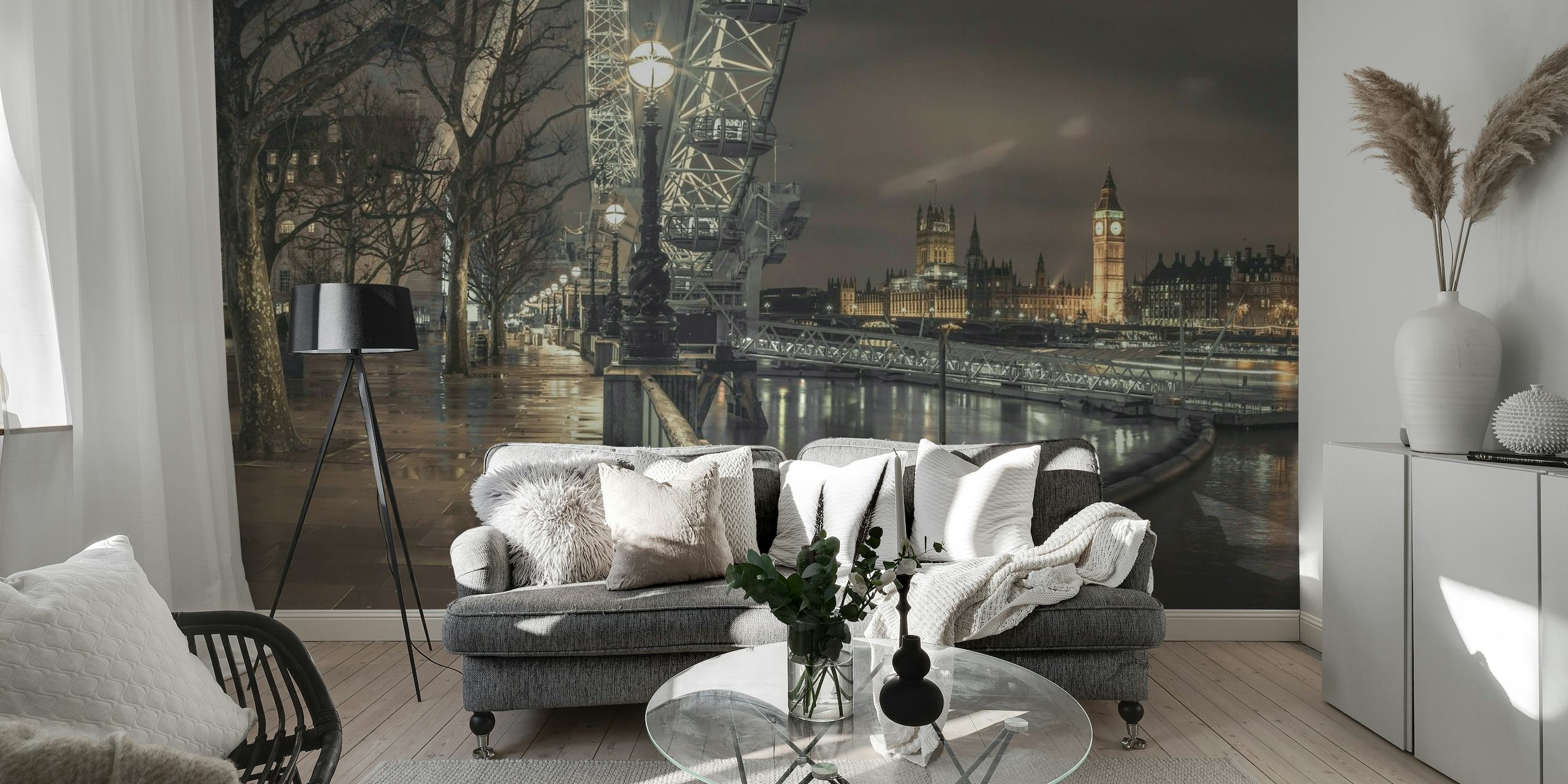 Väggmålning med Londons kvällssilhuett med Themsen och ikoniska landmärken