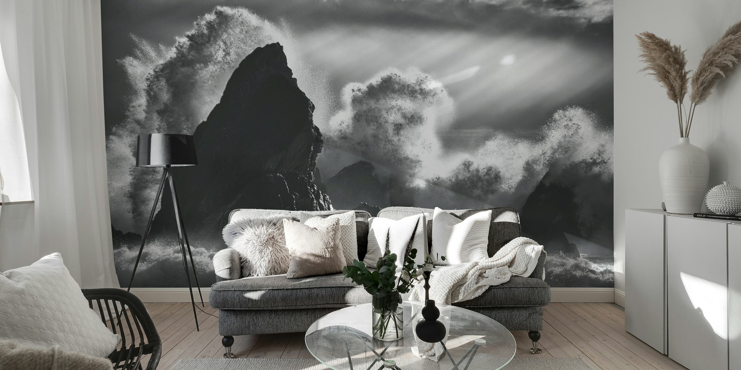 Monochrome wall mural of towering ocean waves with a dramatic sky
