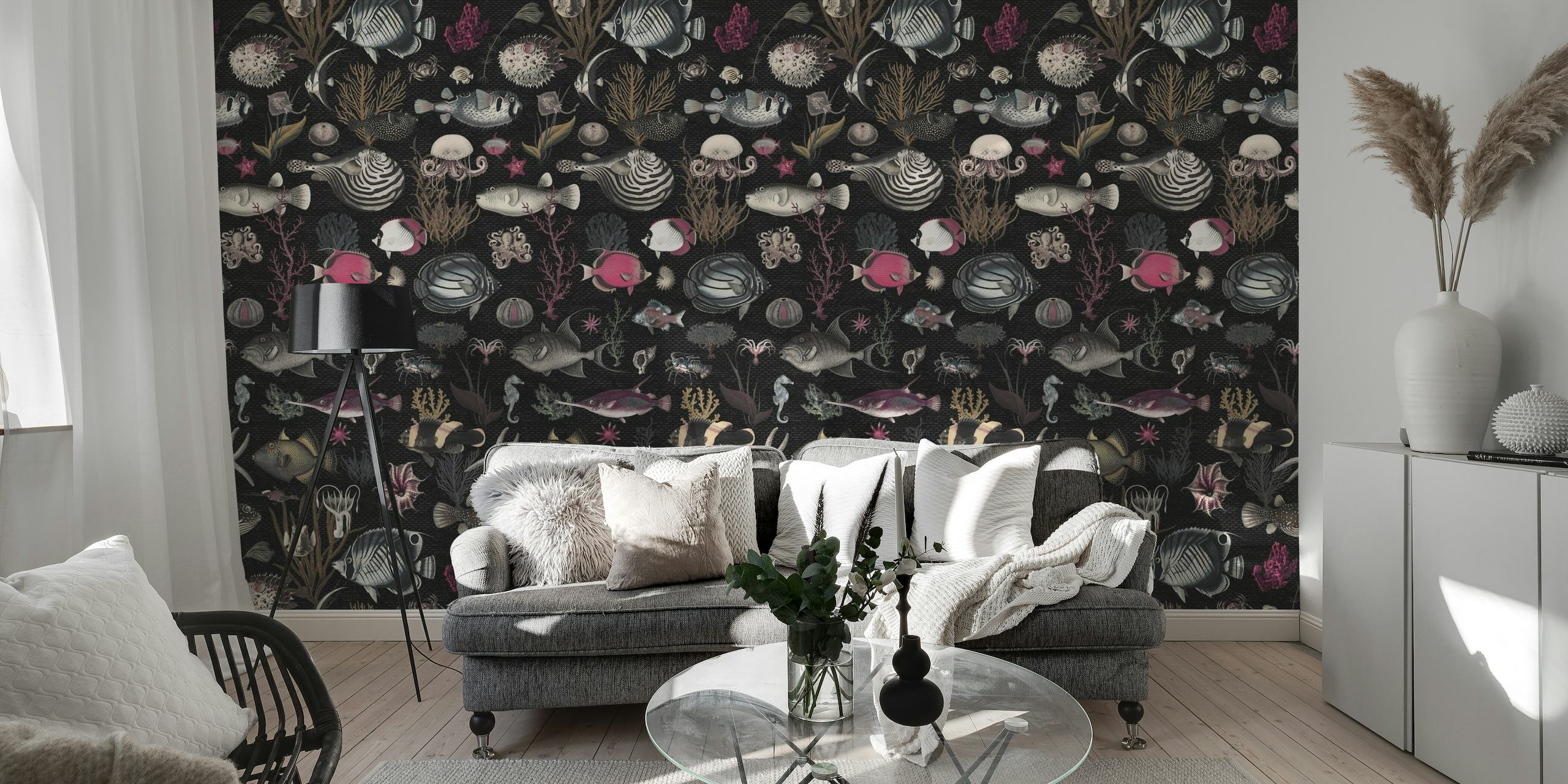 Oceania themed wall mural in black, fuchsia, and olive tones with marine elements