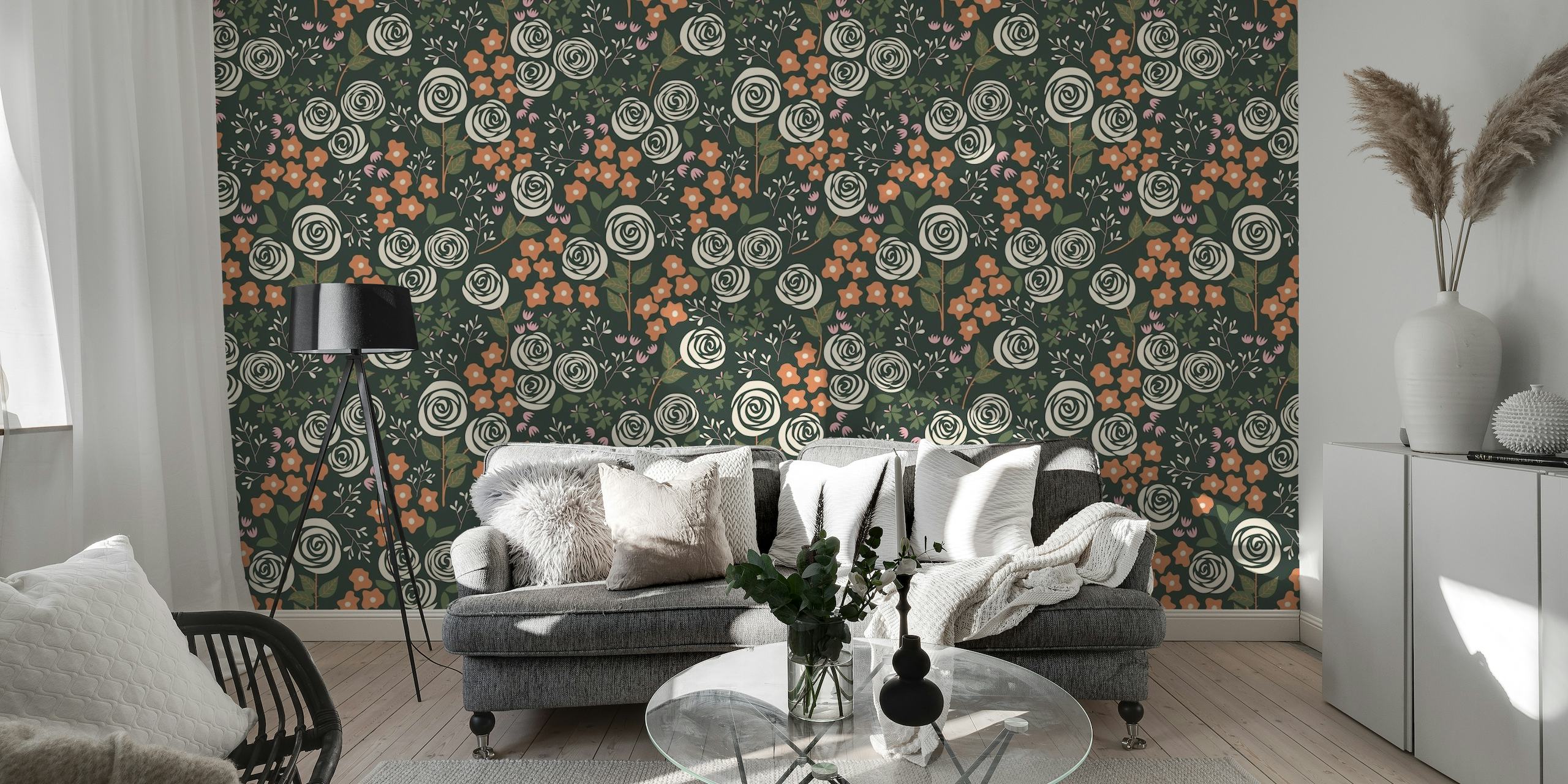 Midnight Rose Garden wall mural with muted greys and touches of rose and copper