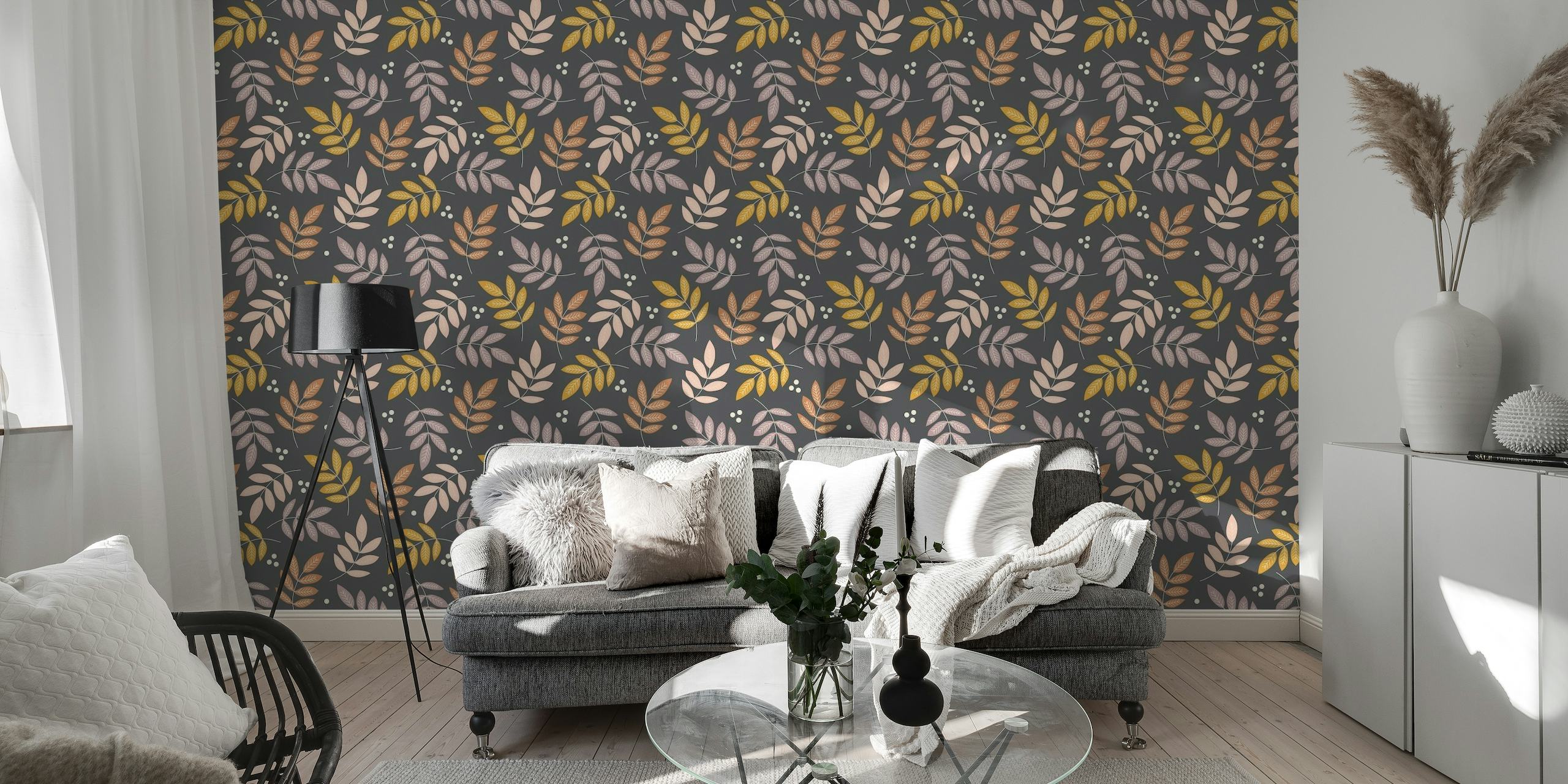 Aesthetic wall mural of leaves falling against a deep midnight background, perfect for interior decor.