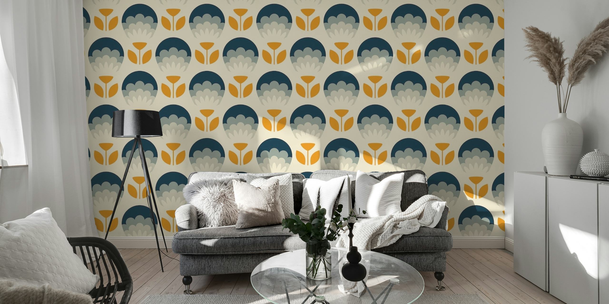 Vintage-inspired retro flowers pattern wall mural with a blend of warm and neutral colors