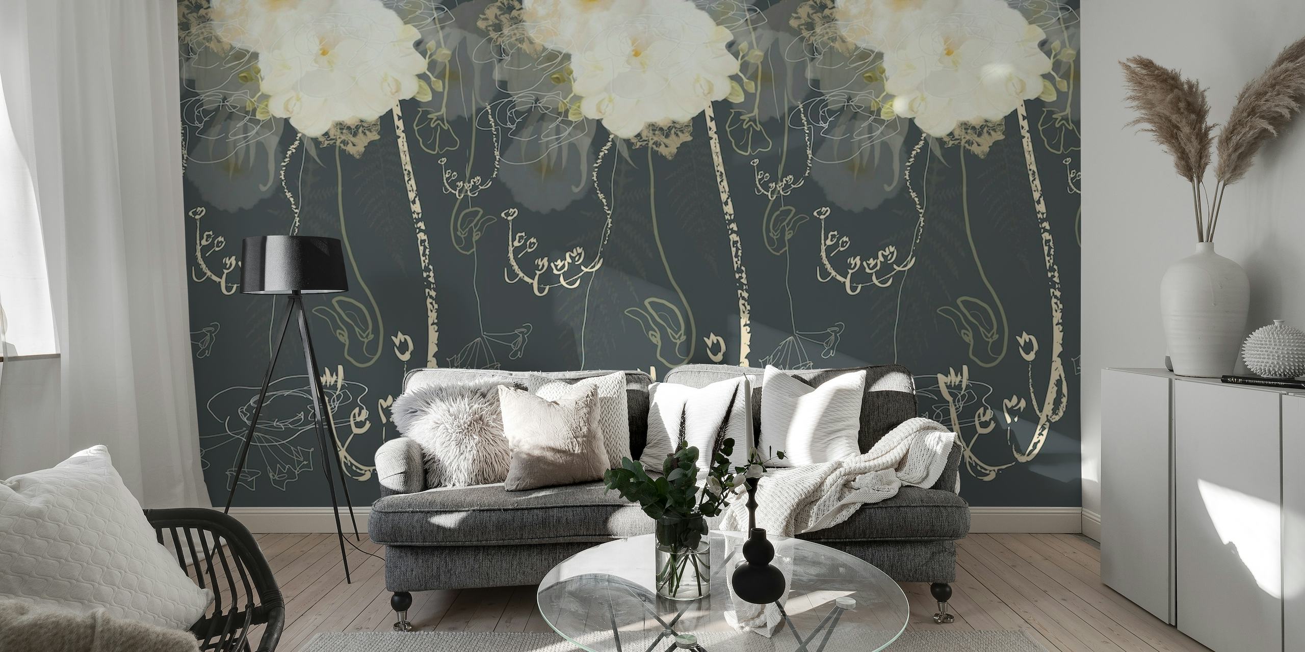 Flower-Fall Blue wall mural with white flowers on a navy background with floral sketches