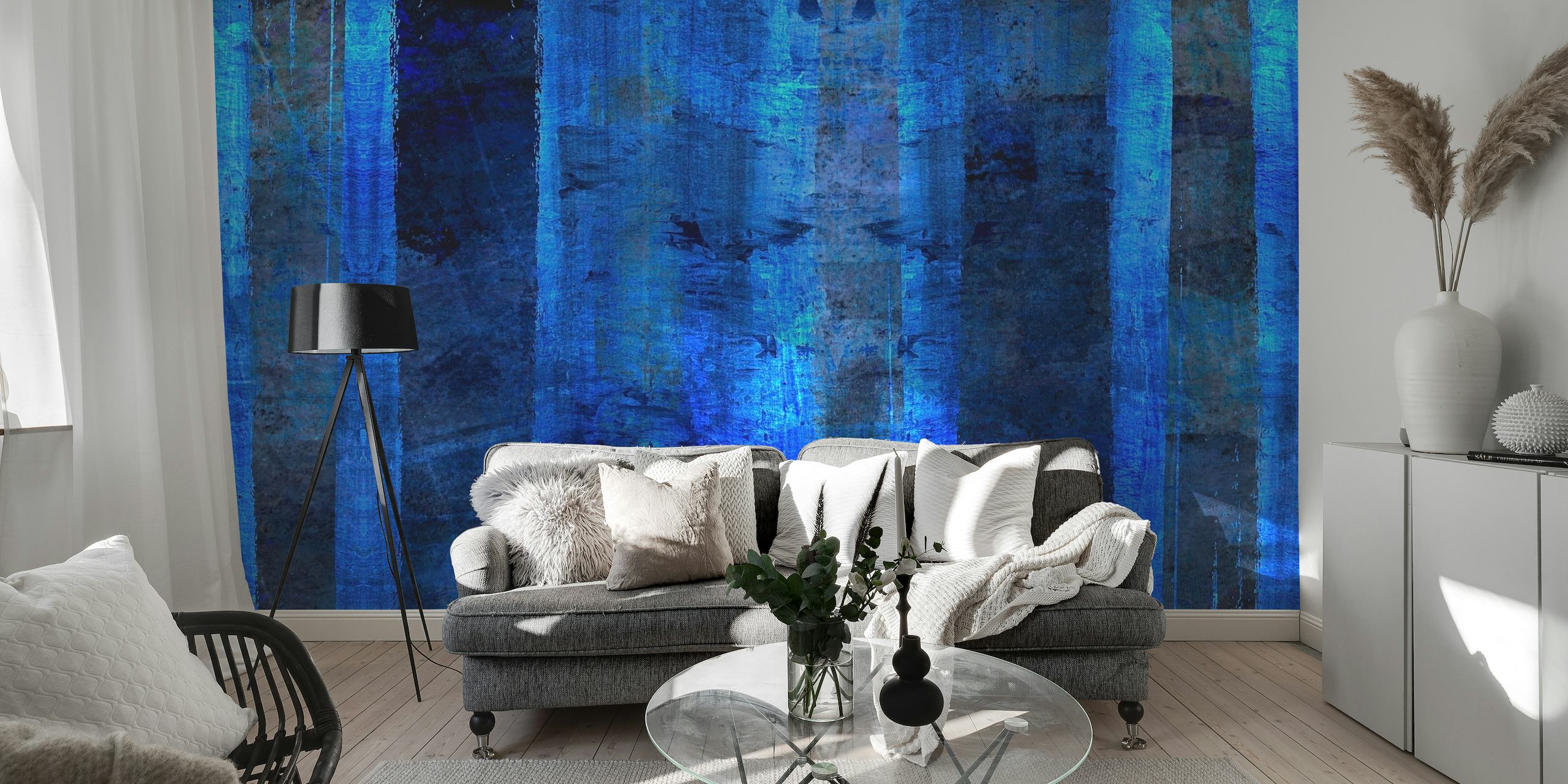 Ethereal indigo blue wall mural with abstract vertical streaks