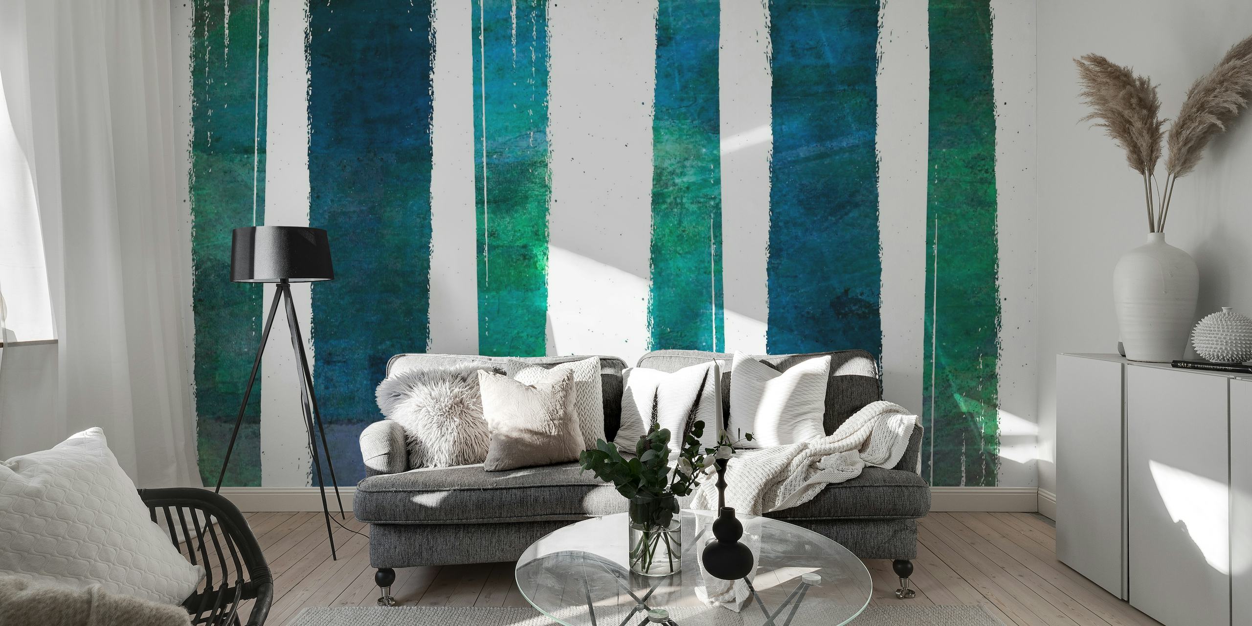Emerald Watercolor Stripes Wall Mural with shades of green and blue