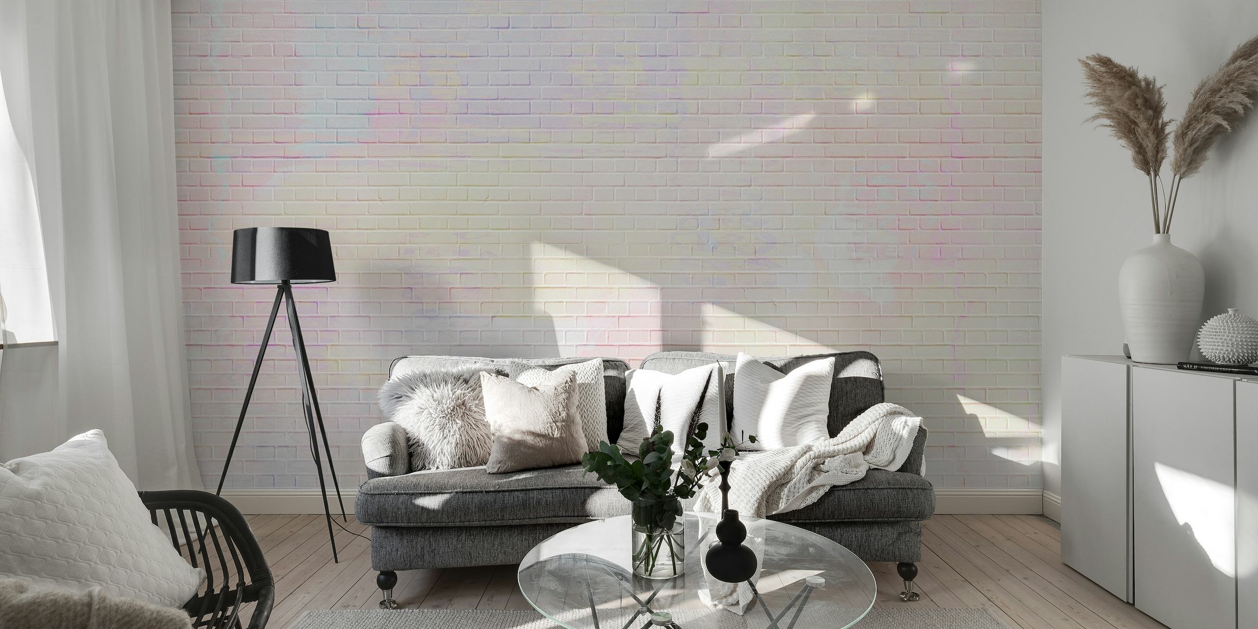Cores pastel pintadas sobre um fotomural vinílico de parede com textura de parede de tijolos