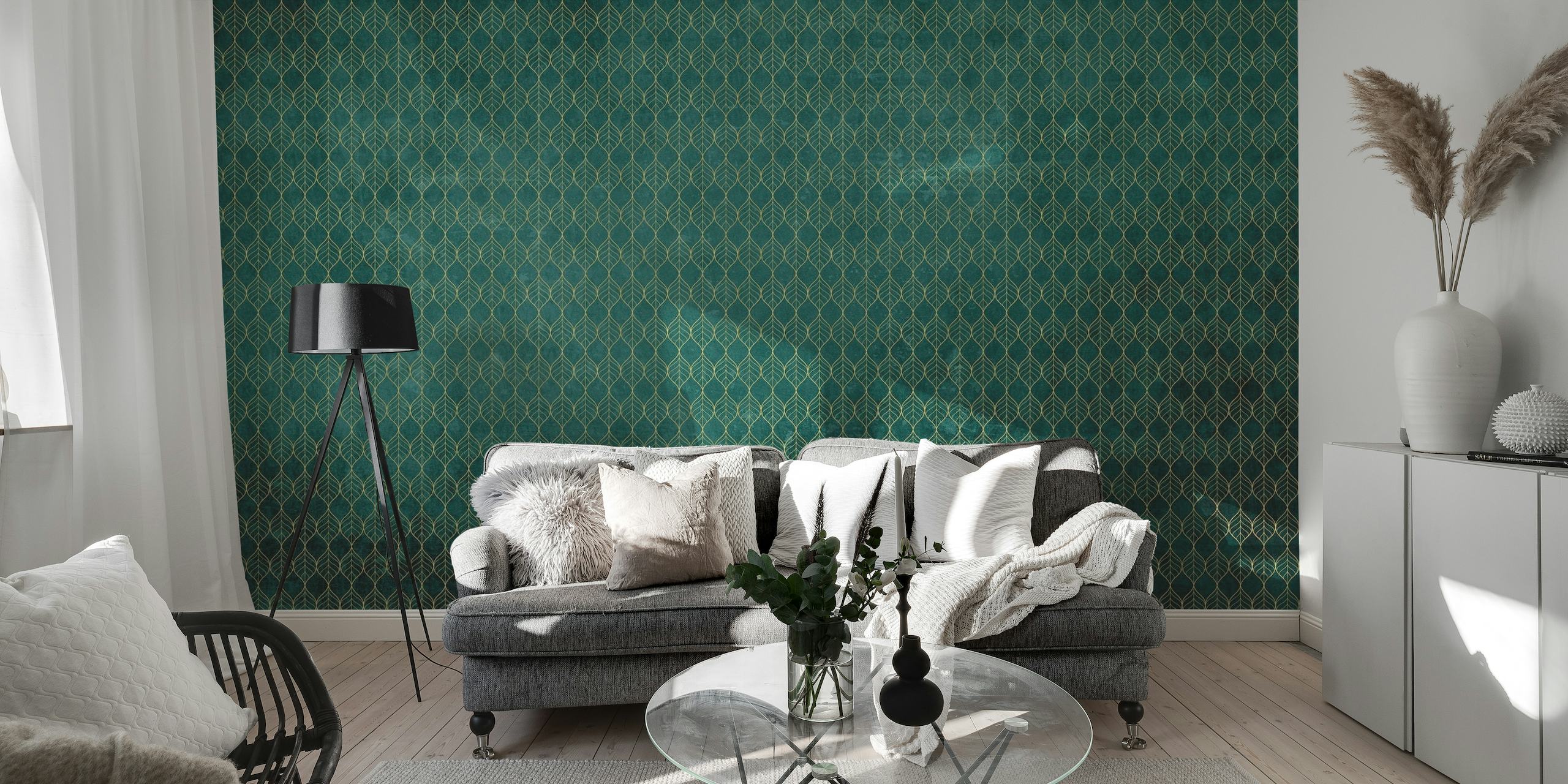 Fotomural Art Déco con estampado de hojas verdes para un interior sofisticado