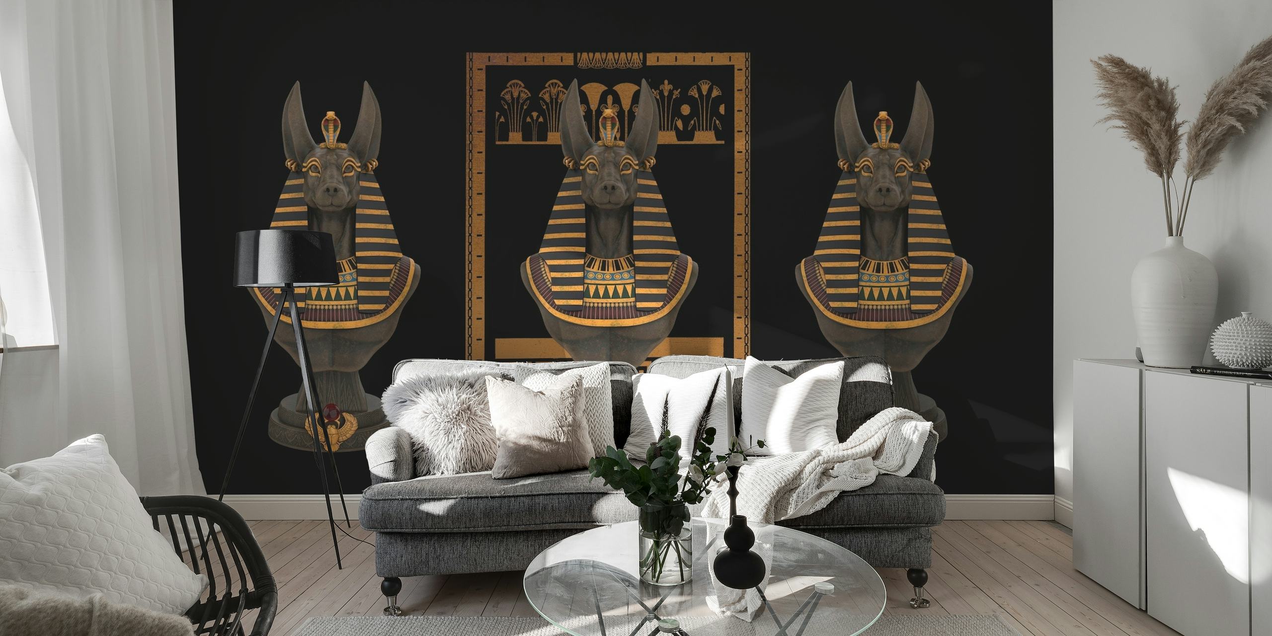 Mystic Egypt wall mural with sphinx statues and hieroglyphs on a black background