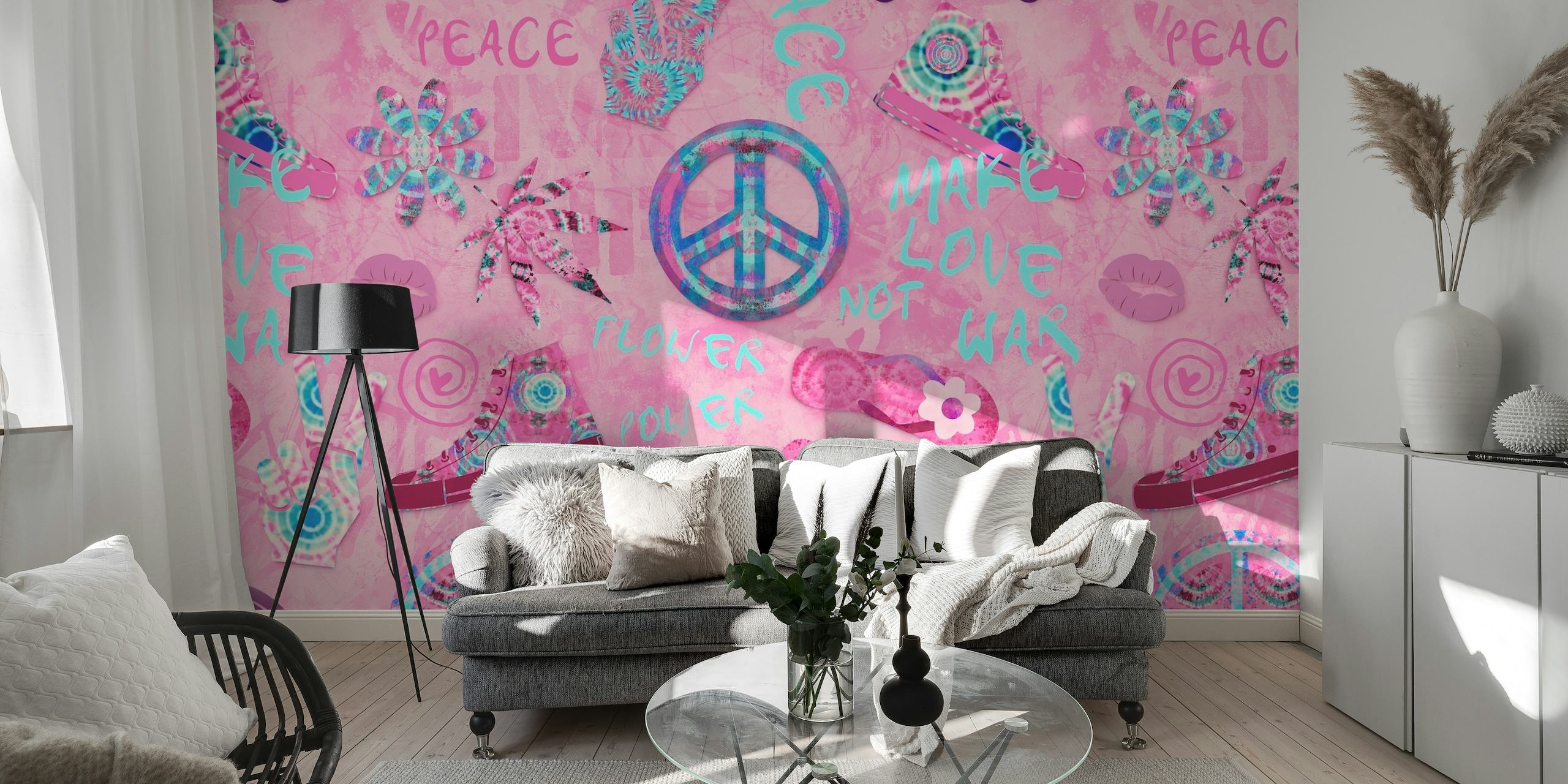 Retro Flower Power Hippie Art behang