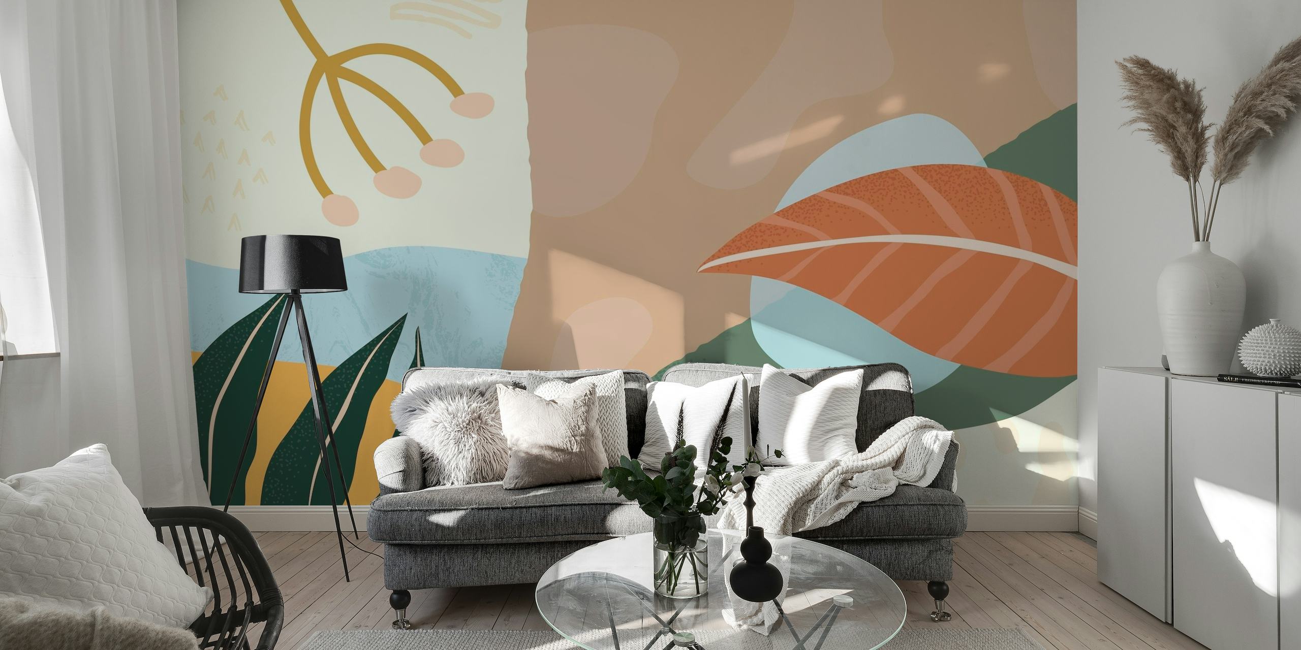 Abstract tropical landscape wall mural with earthy tones and stylized foliage