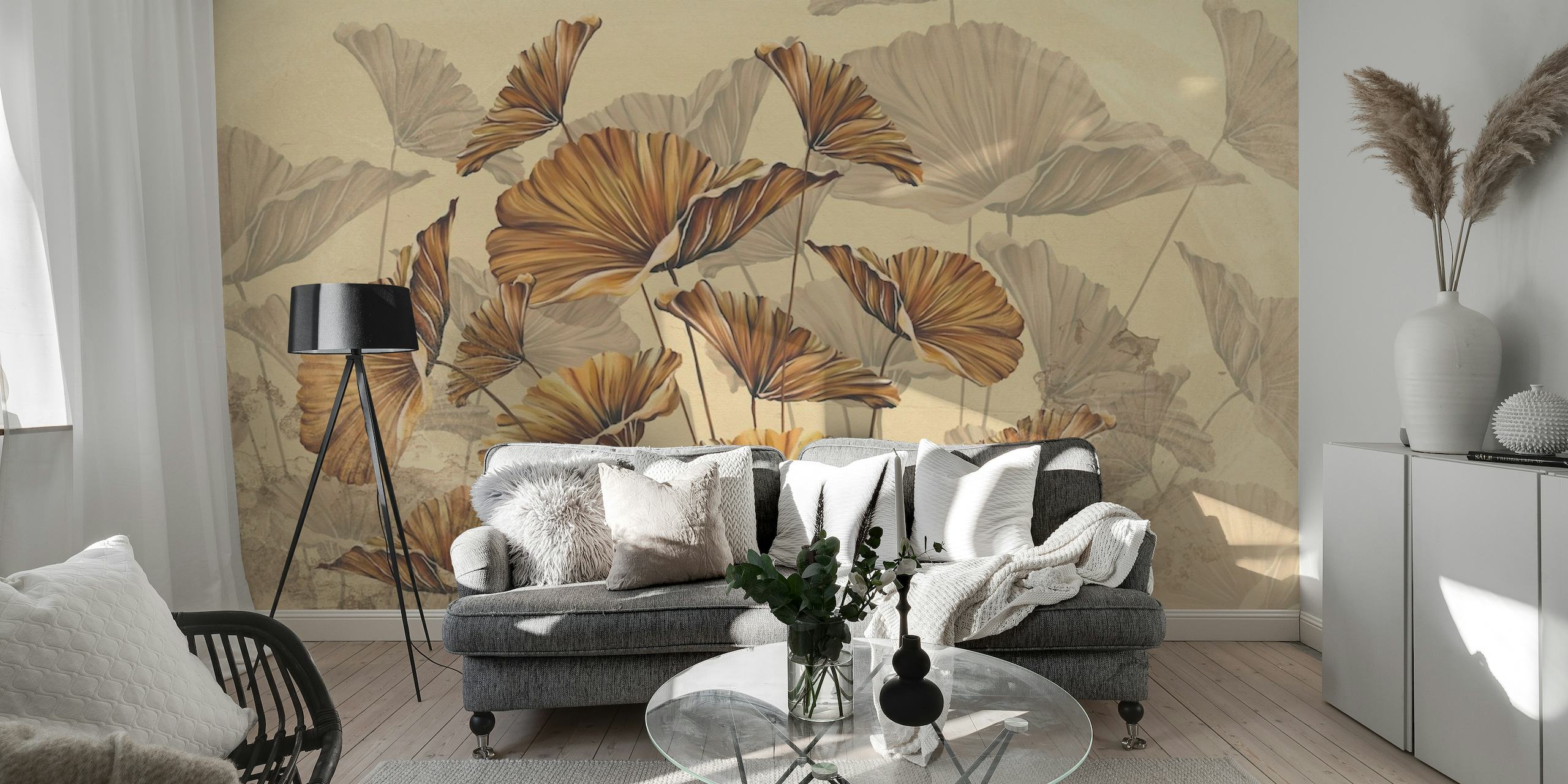 Golden leaves on beige wallpaper