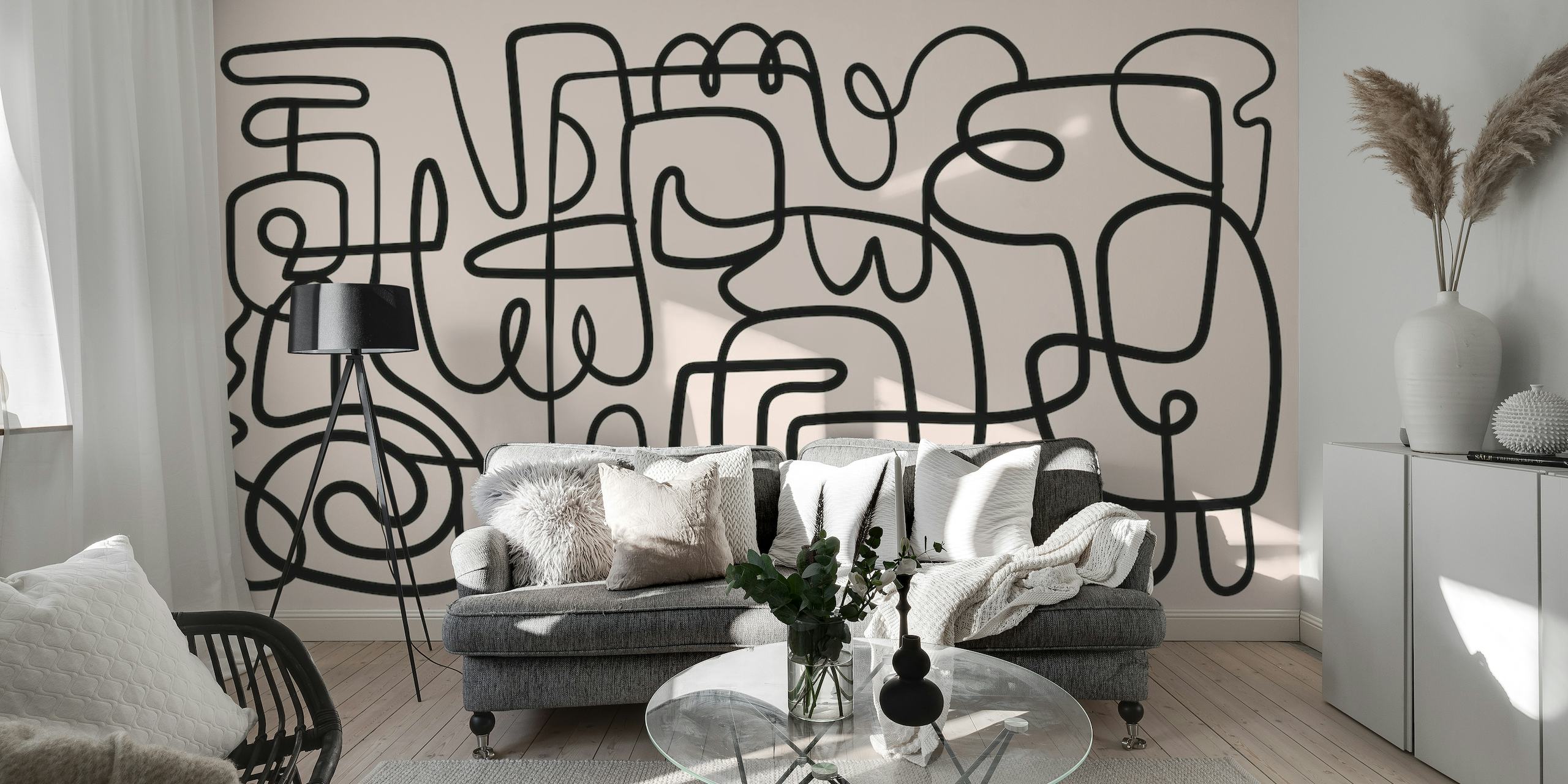 Abstract boho lines wall mural in neutral tones
