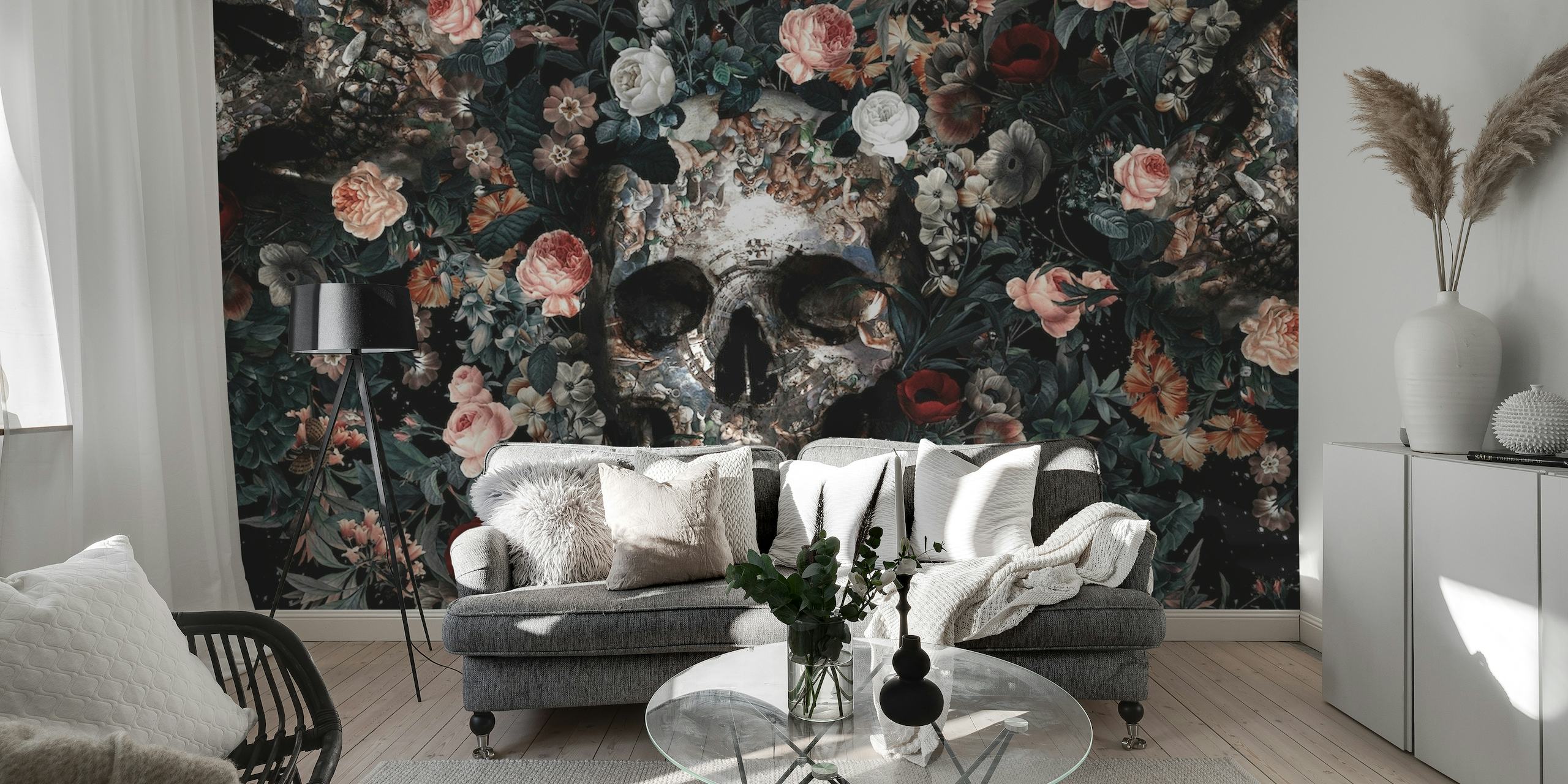 Skull and Floral pattern papel pintado