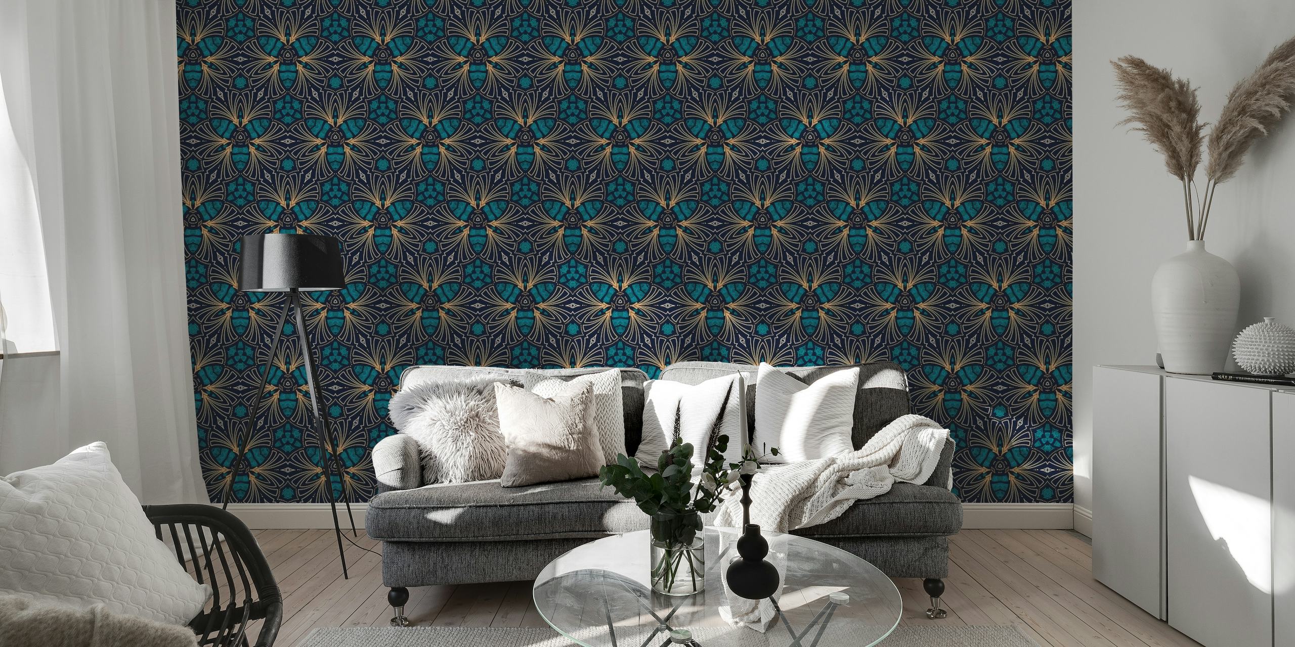 Elegant Art Deco pattern wall mural in gold and teal hues