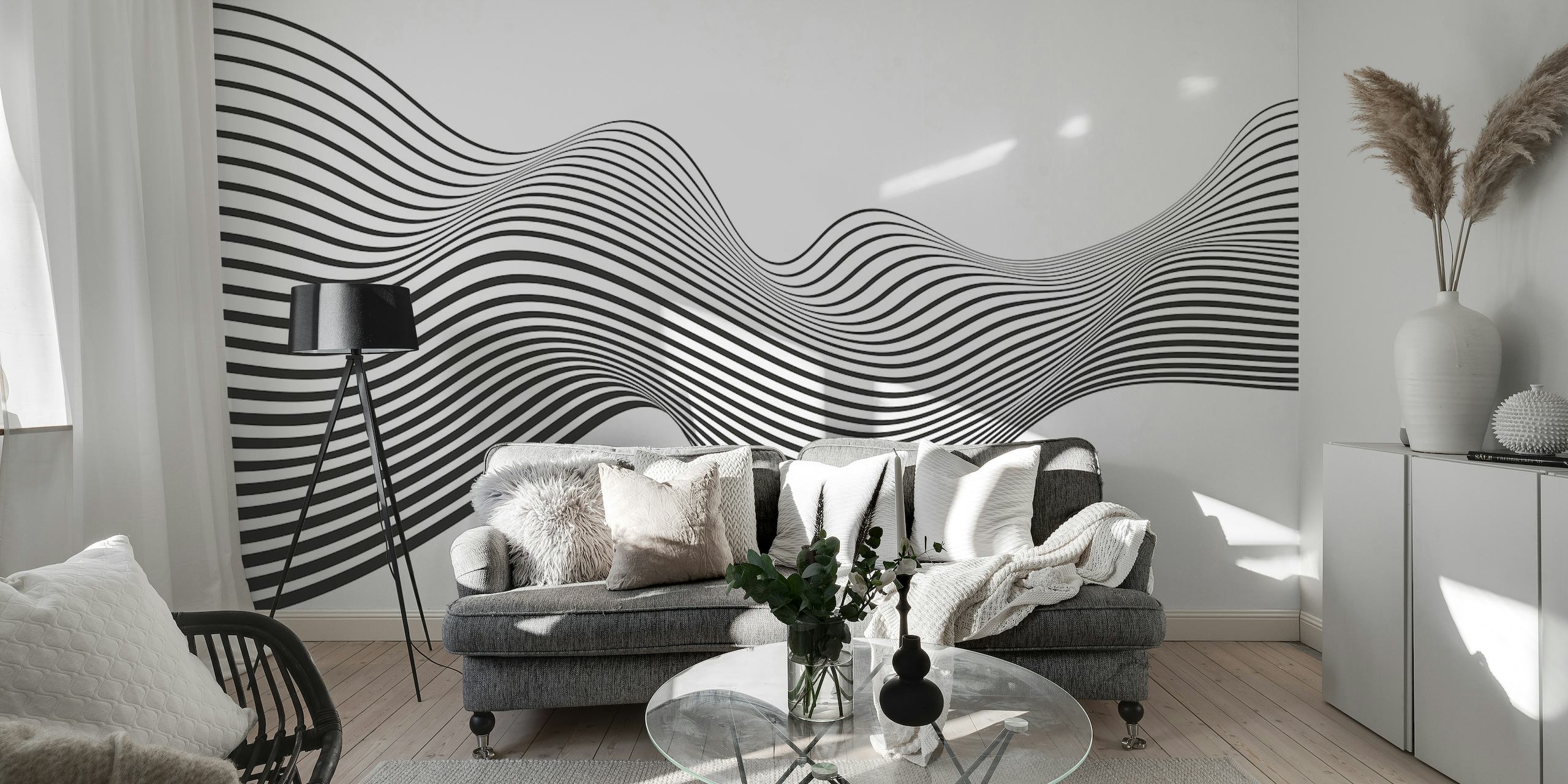 Elegant black and white wave pattern wall mural for a modern interior