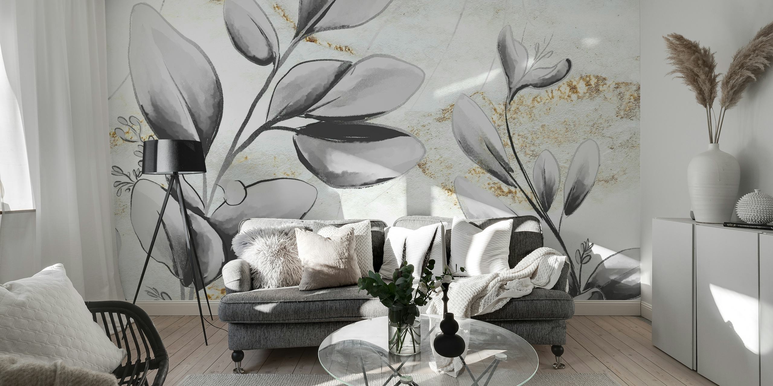 Monochrome leaves with gold accents wall mural