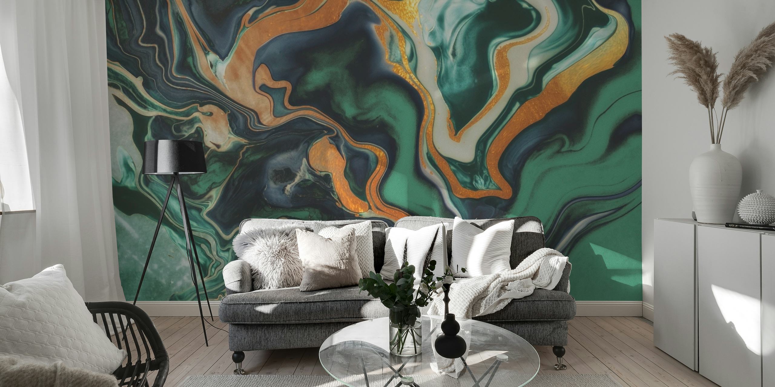Smaragdgrønt og gull marmor mønster veggmaleri for luksuriøs interiør