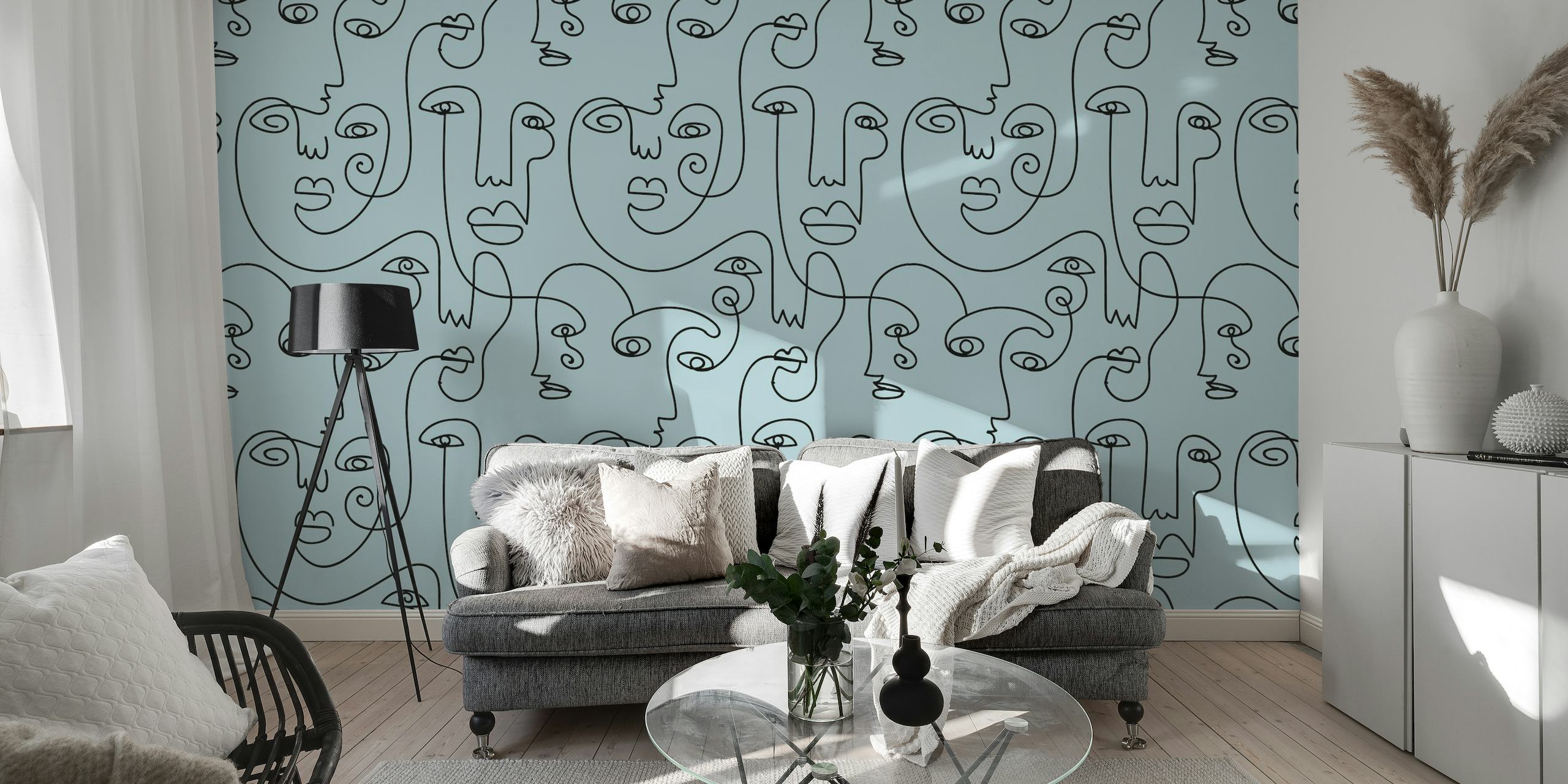 Abstract Picasso art-inspired blue gray wallpaper for modern room transformation