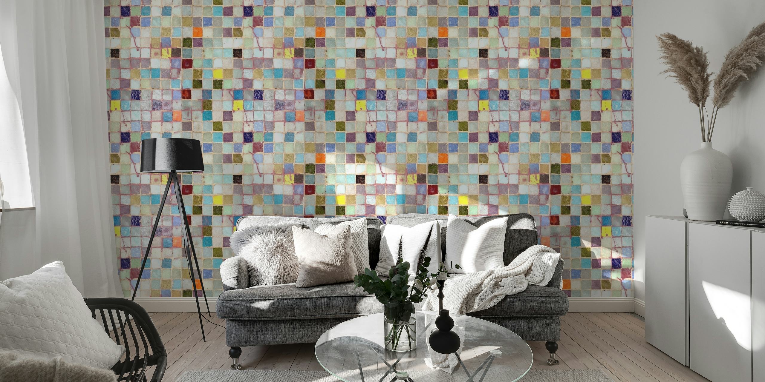 Mid-century modern inspired mosaic tile pattern wall mural with warm and cool tones