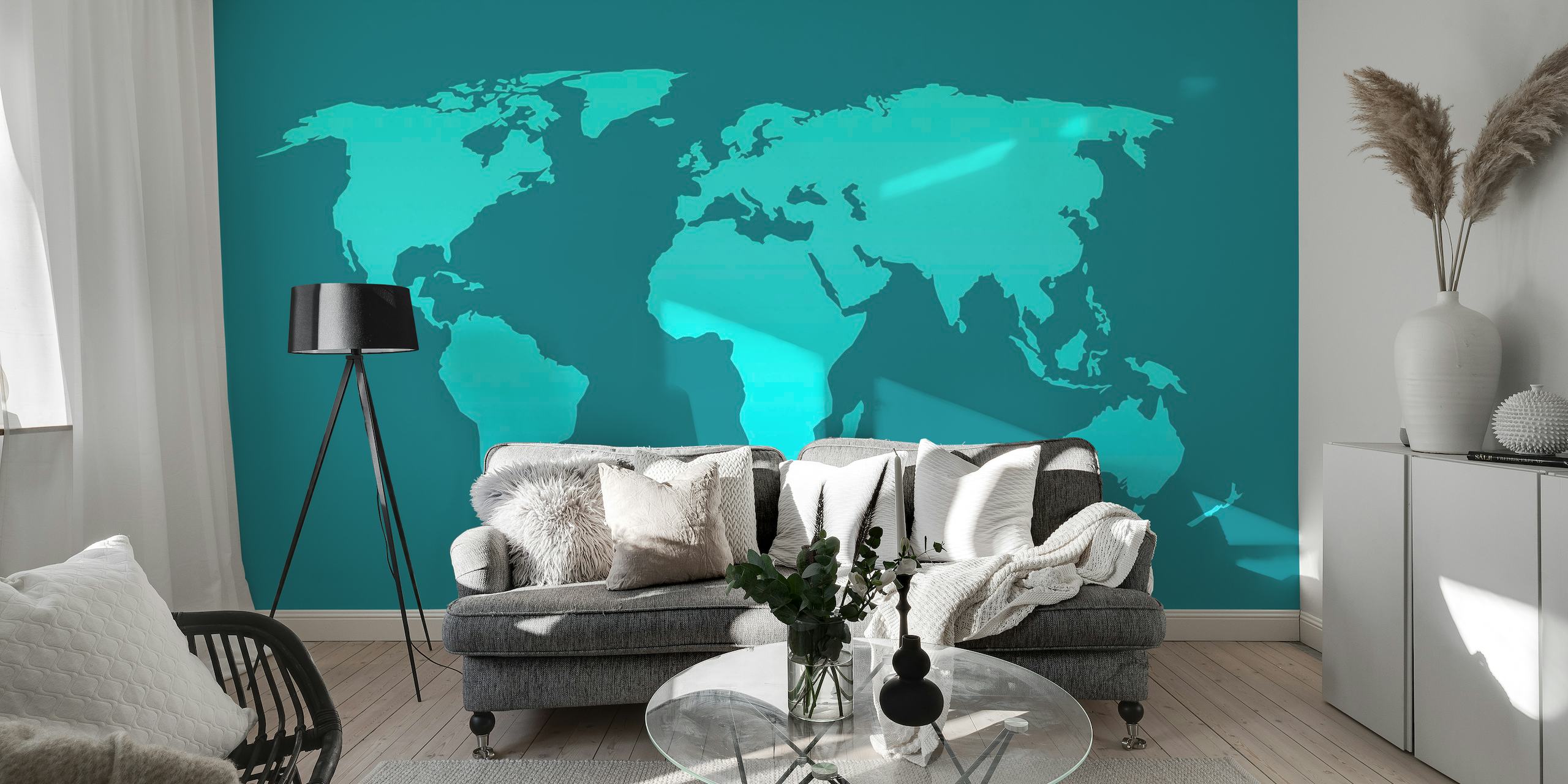 Teal and cyan stylized world map wall mural