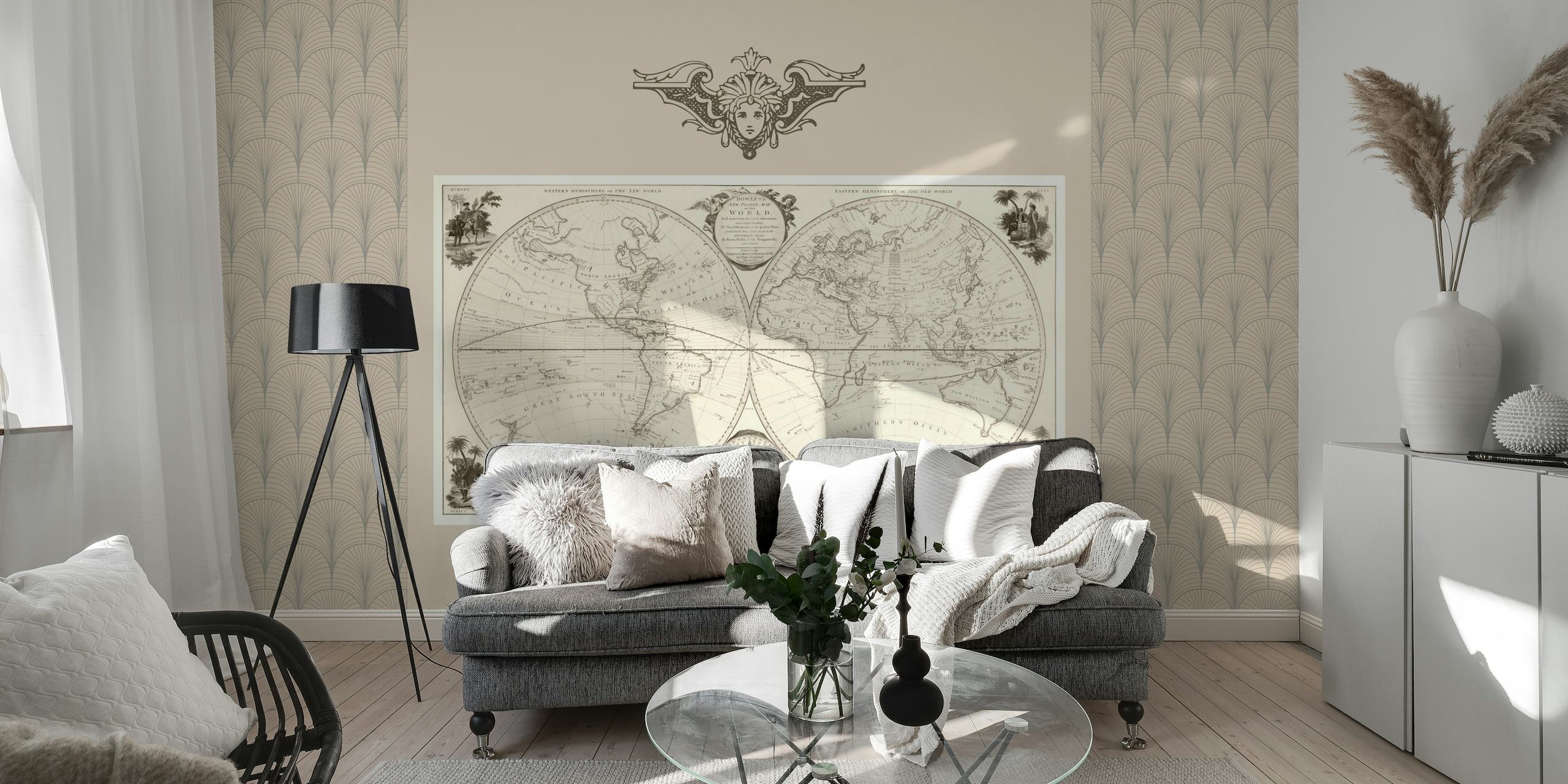 Art Deco style world map wall mural with vintage elements
