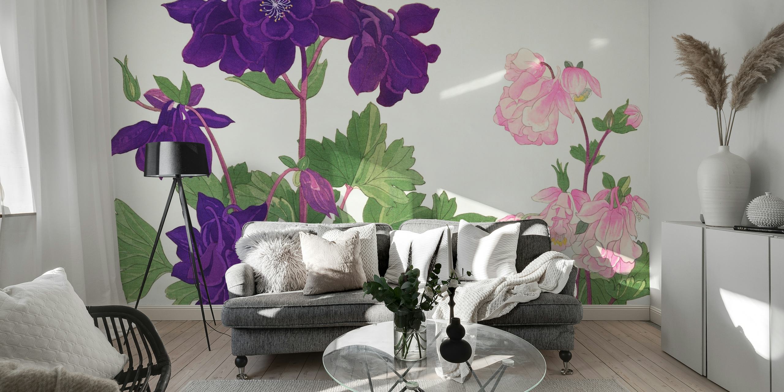Skandinavisk-inspireret Scandi Gardens vægmaleri med lilla og lyserøde blomster