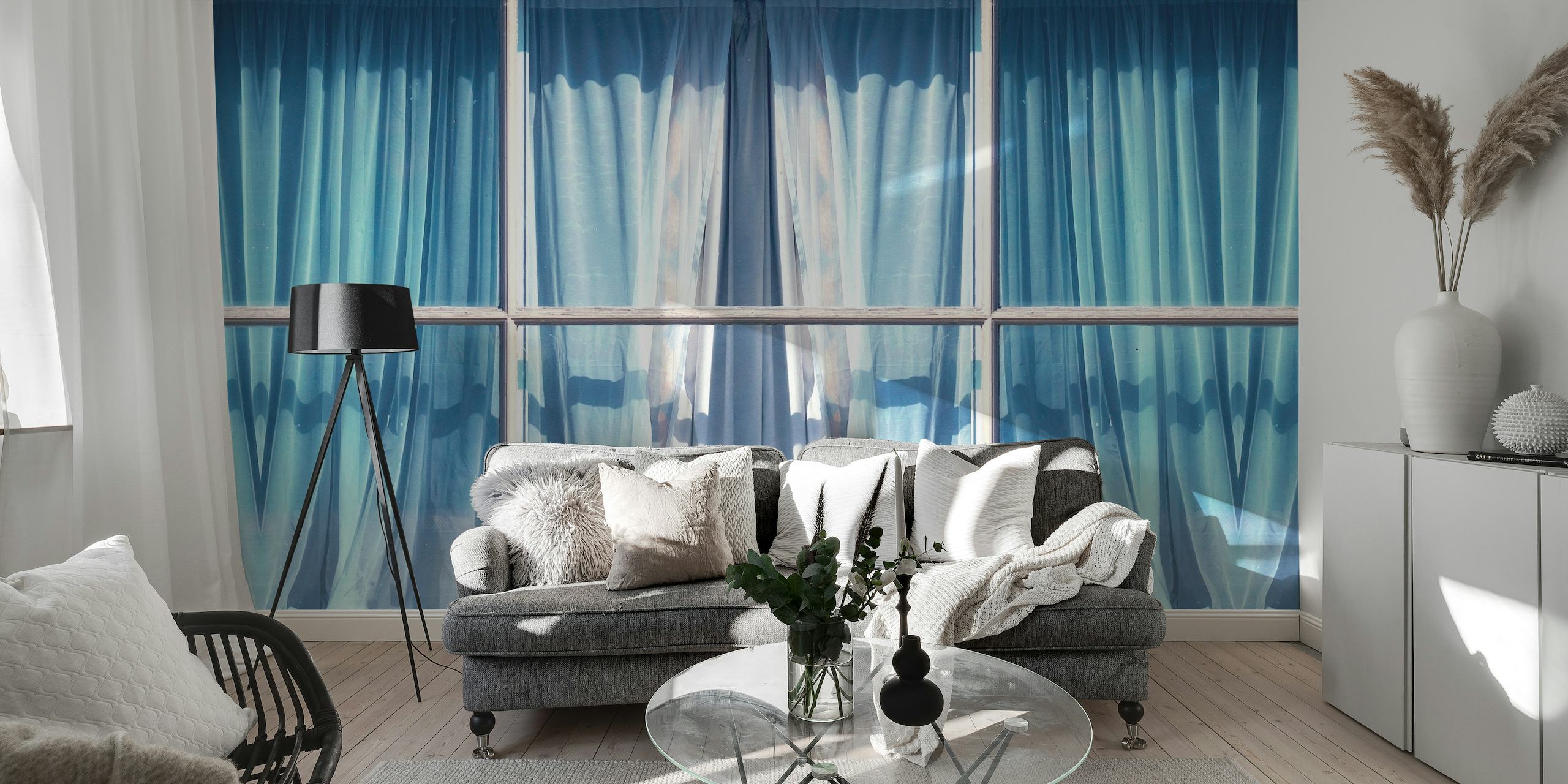 Window View fotobehang met elegante gordijnen en rustige horizon
